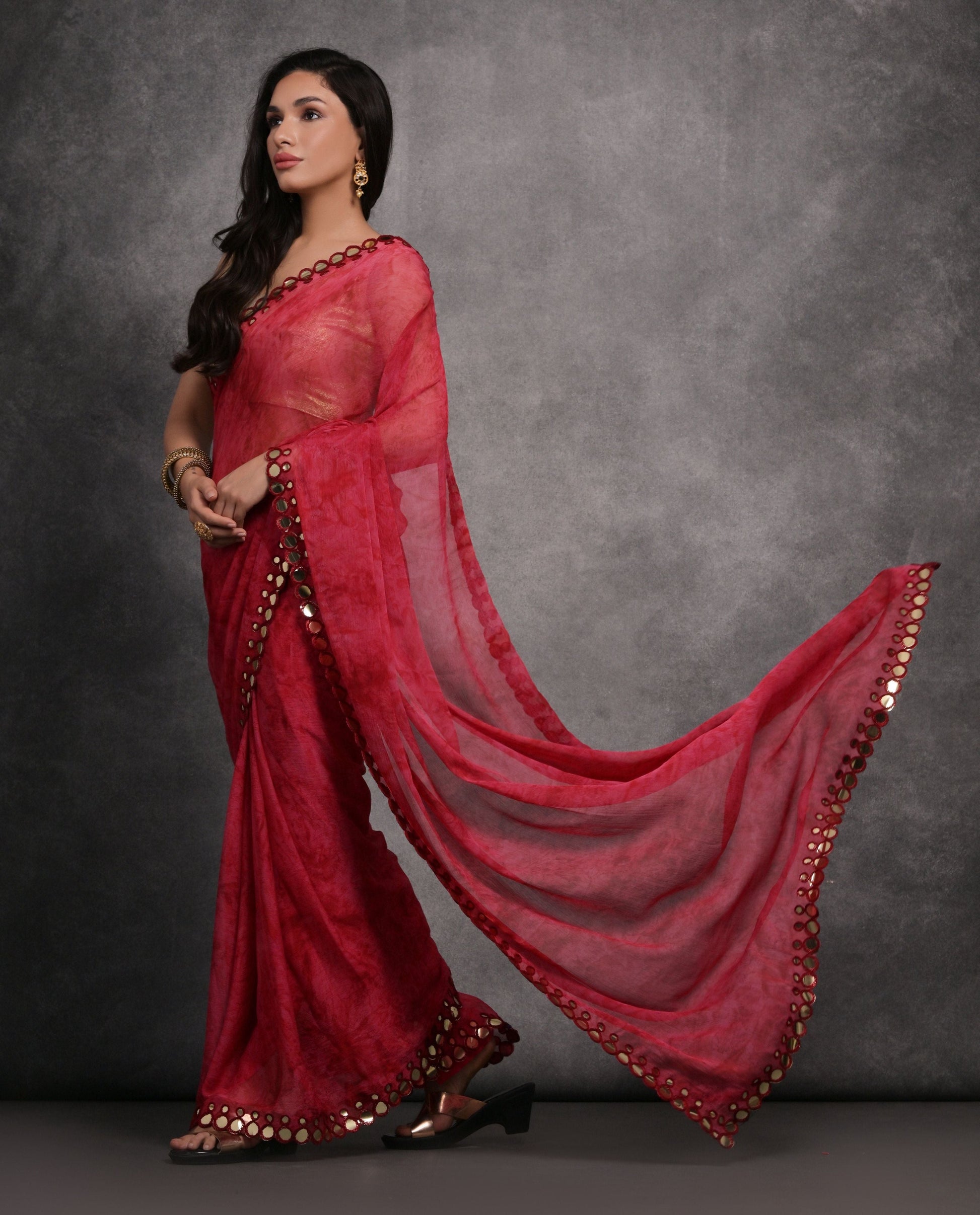 Jyoti Fashion Women's Pink Chiffon Print with Mirror Work Designer Saree with Blouse | Swadesiicart