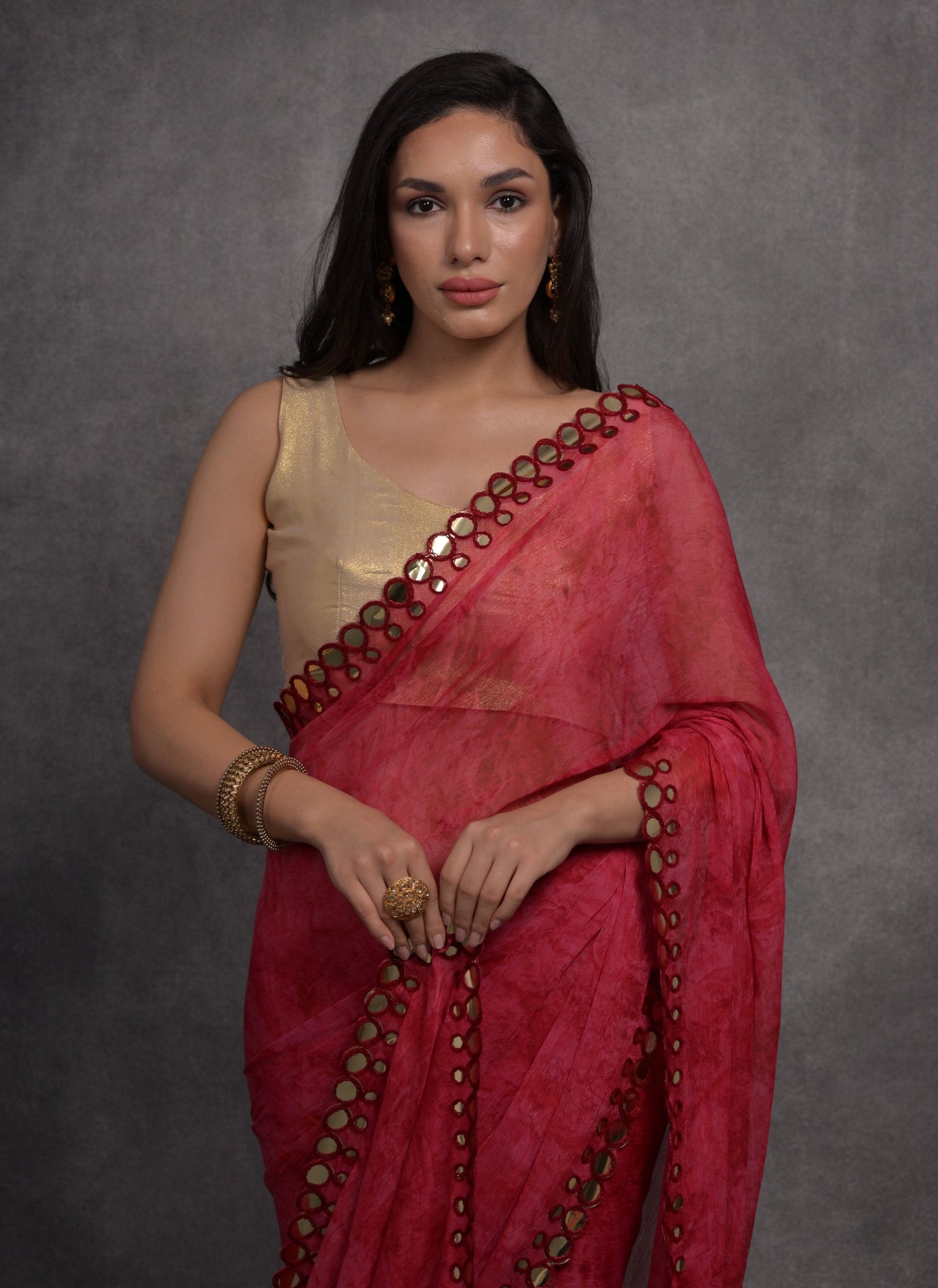 Jyoti Fashion Women's Pink Chiffon Print with Mirror Work Designer Saree with Blouse | Swadesiicart