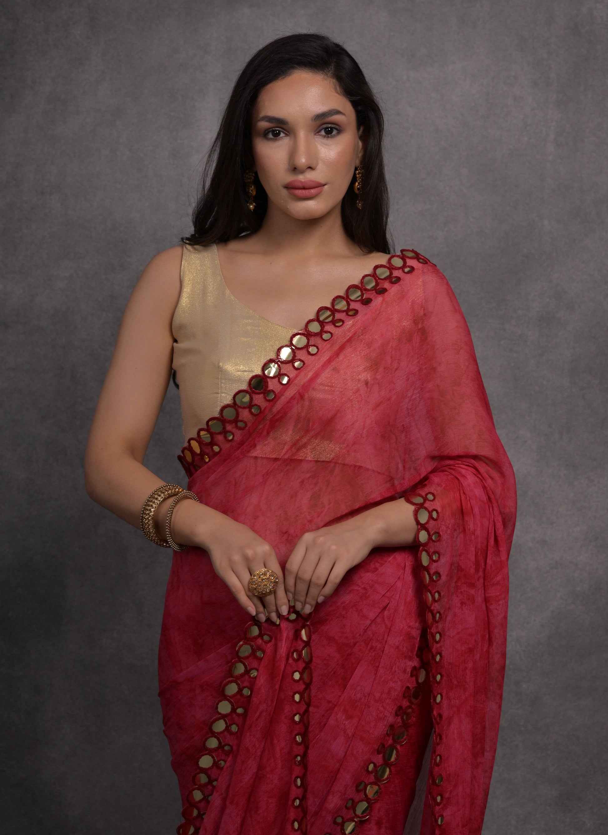 Jyoti Fashion Women's Pink Chiffon Print with Mirror Work Designer Saree with Blouse | Swadesiicart