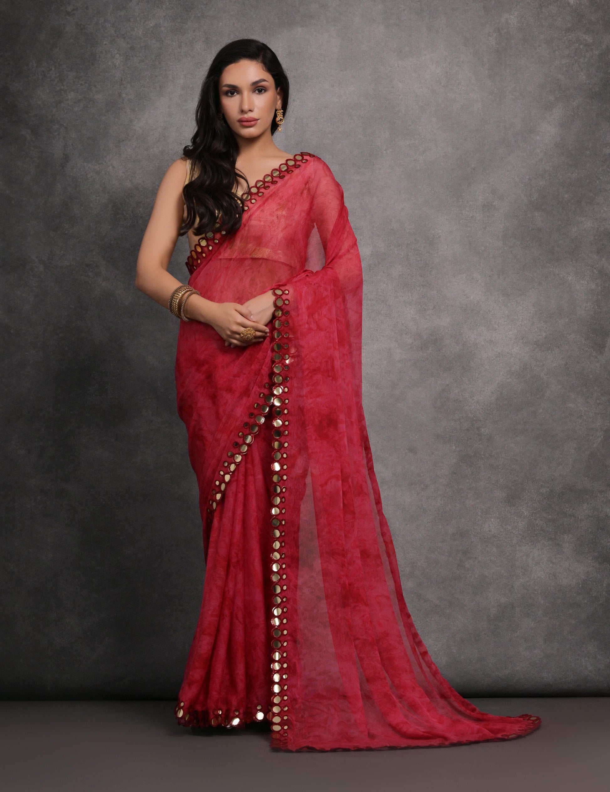 Jyoti Fashion Women's Pink Chiffon Print with Mirror Work Designer Saree with Blouse | Swadesiicart