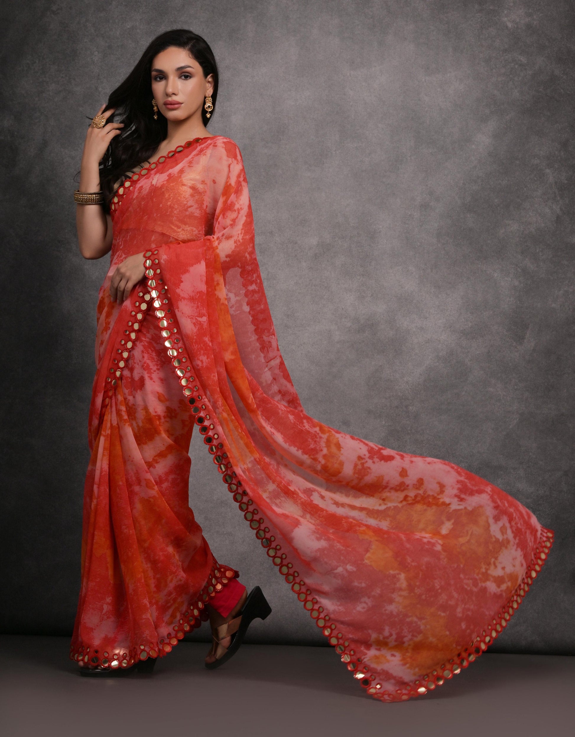 Jyoti Fashion Women's Red Chiffon Print with Mirror Work Designer Saree with Blouse | Swadesiicart