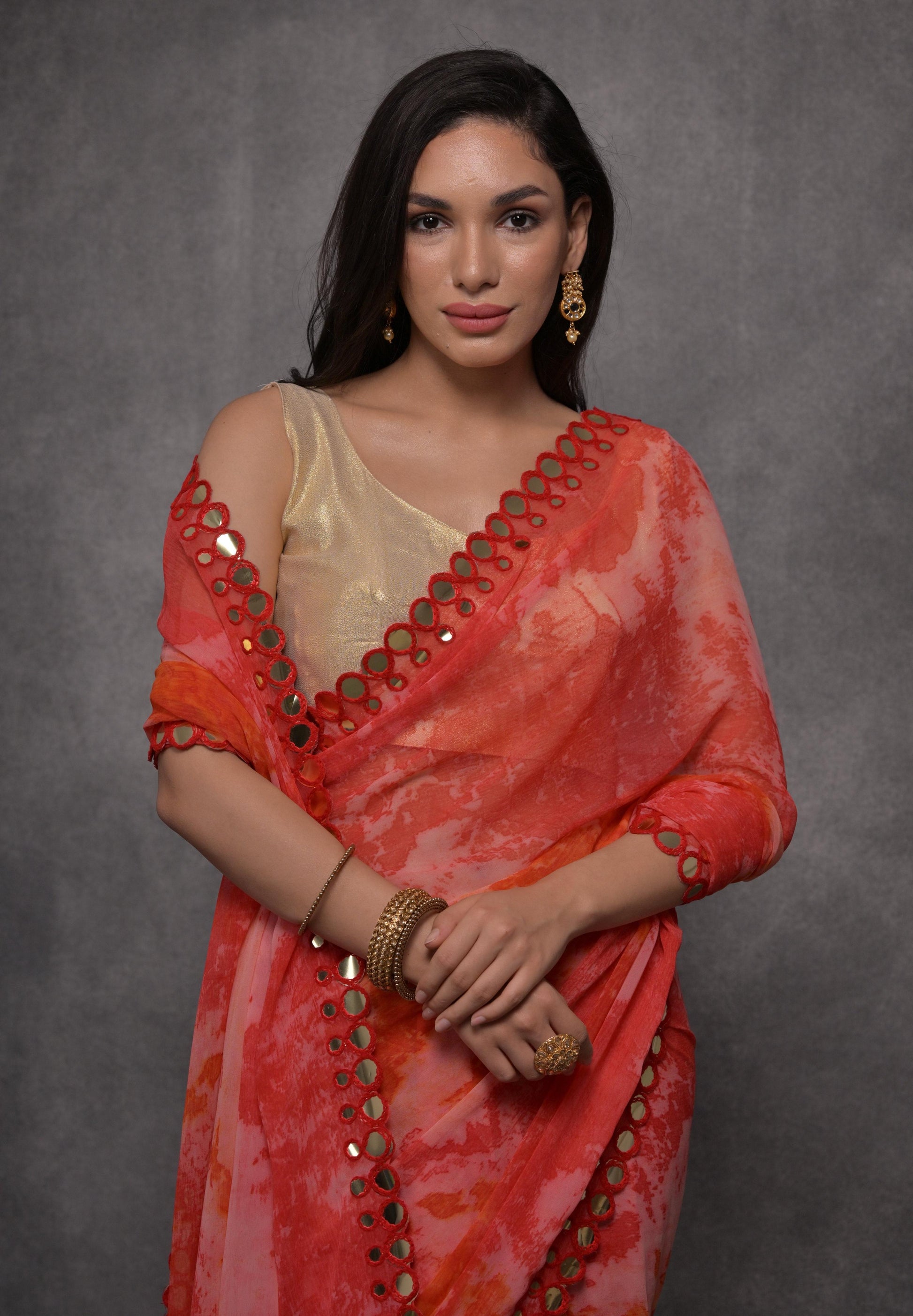 Jyoti Fashion Women's Red Chiffon Print with Mirror Work Designer Saree with Blouse | Swadesiicart