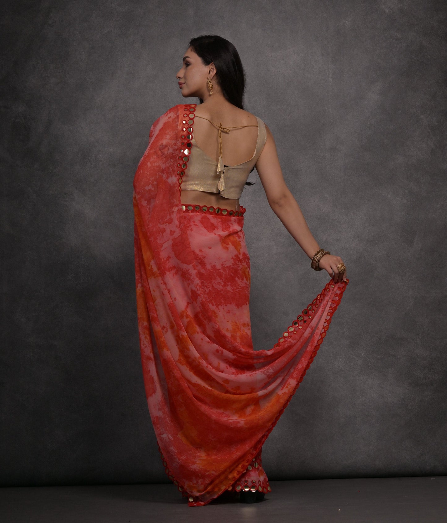 Jyoti Fashion Women's Red Chiffon Print with Mirror Work Designer Saree with Blouse | Swadesiicart