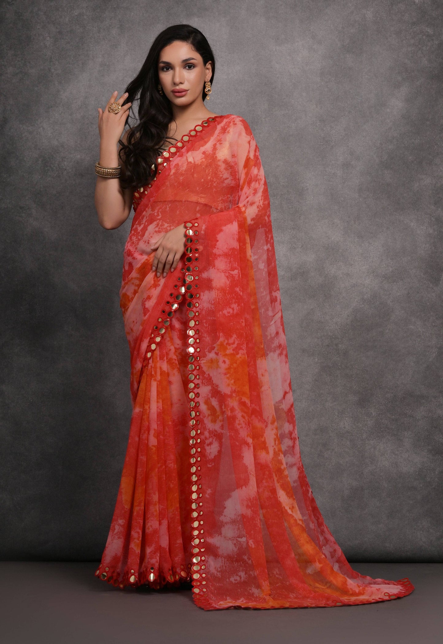 Jyoti Fashion Women's Red Chiffon Print with Mirror Work Designer Saree with Blouse | Swadesiicart