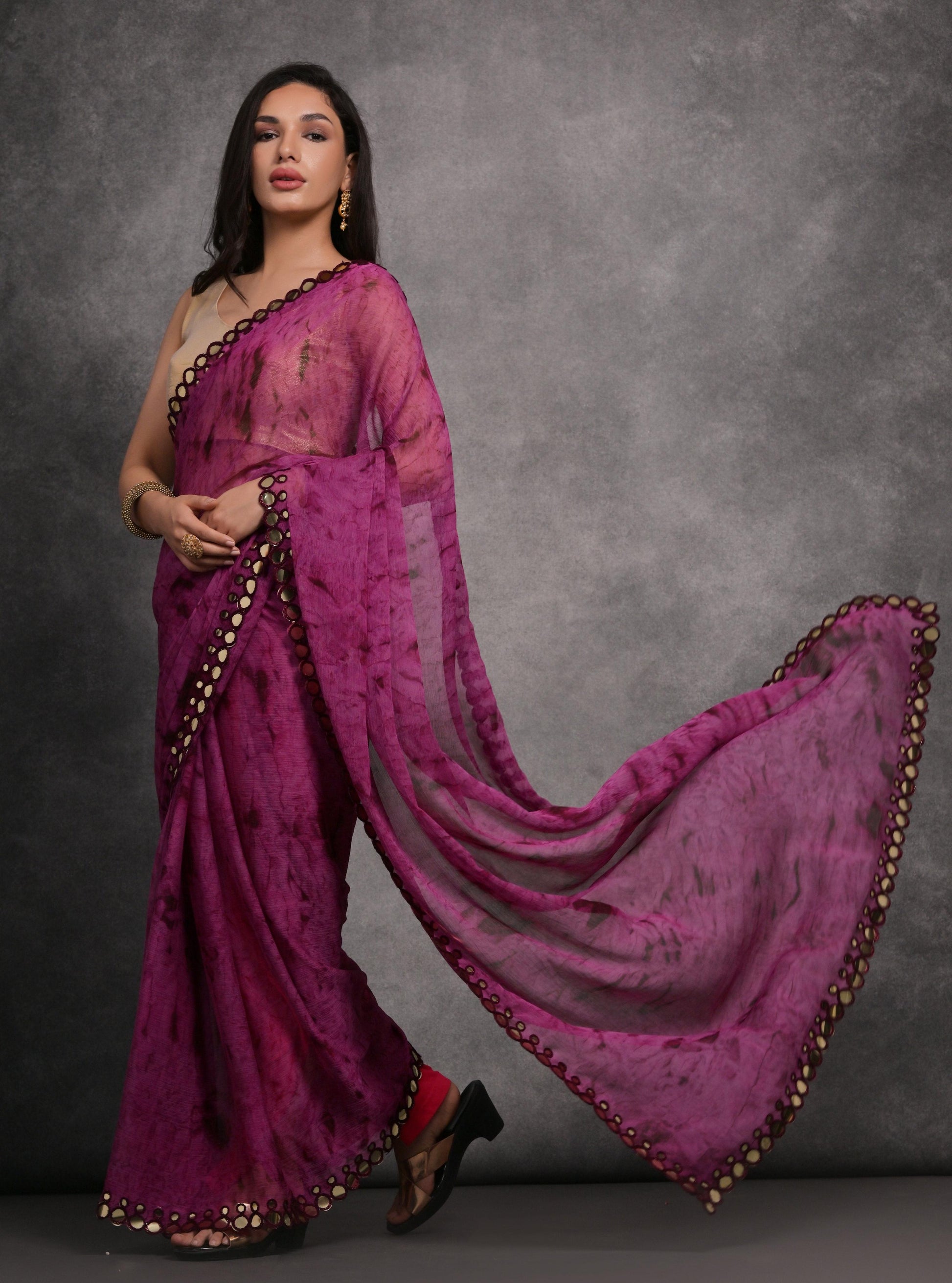 Jyoti Fashion Women's Wine Chiffon Print with Mirror Work Designer Saree with Blouse | Swadesiicart