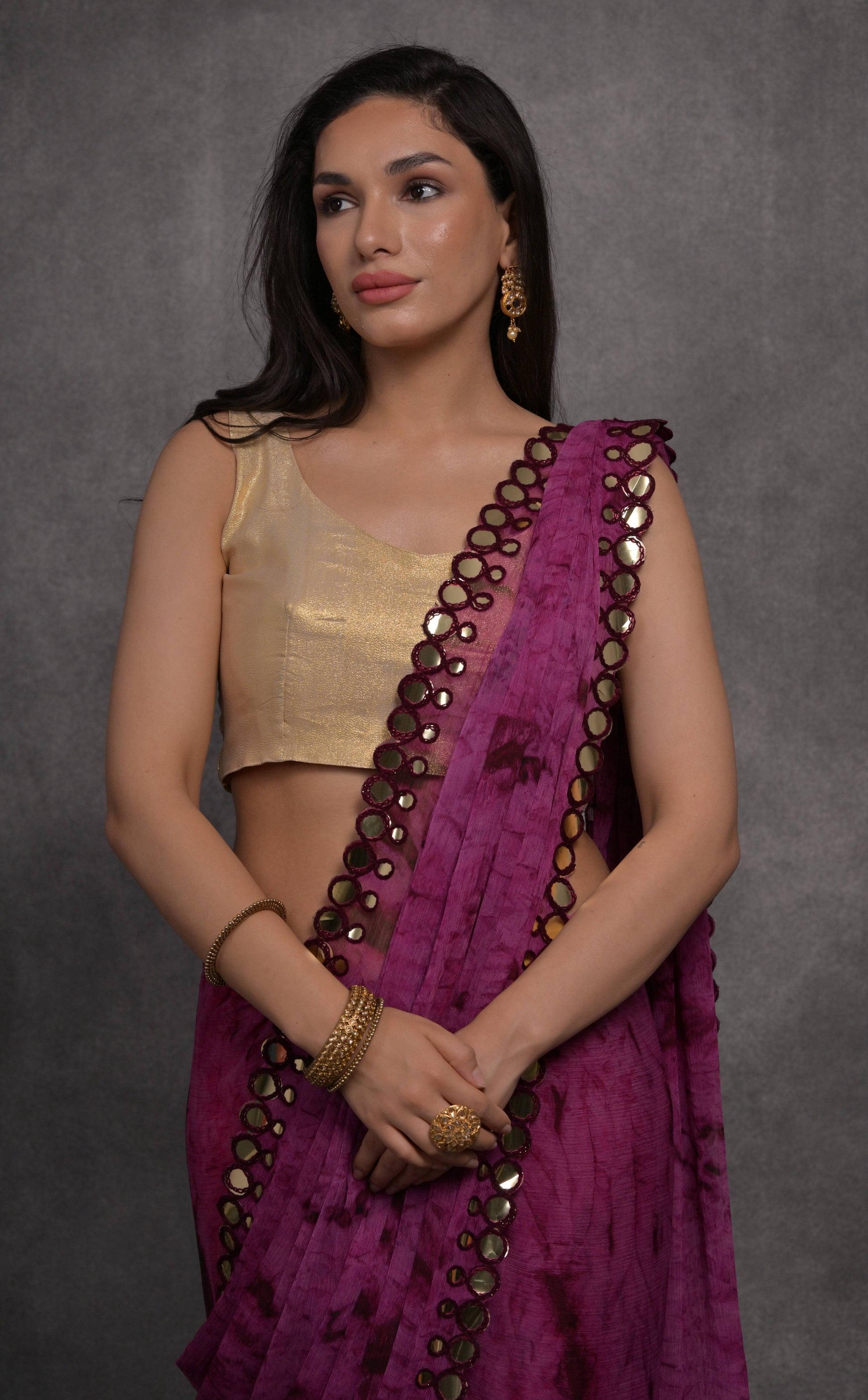 Jyoti Fashion Women's Wine Chiffon Print with Mirror Work Designer Saree with Blouse | Swadesiicart