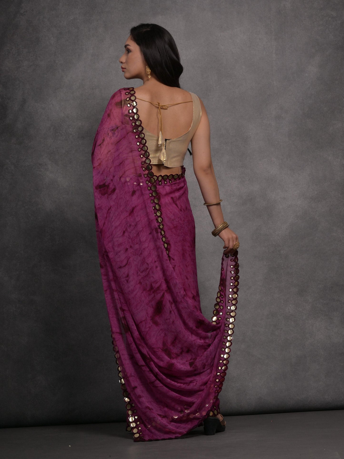 Jyoti Fashion Women's Wine Chiffon Print with Mirror Work Designer Saree with Blouse | Swadesiicart