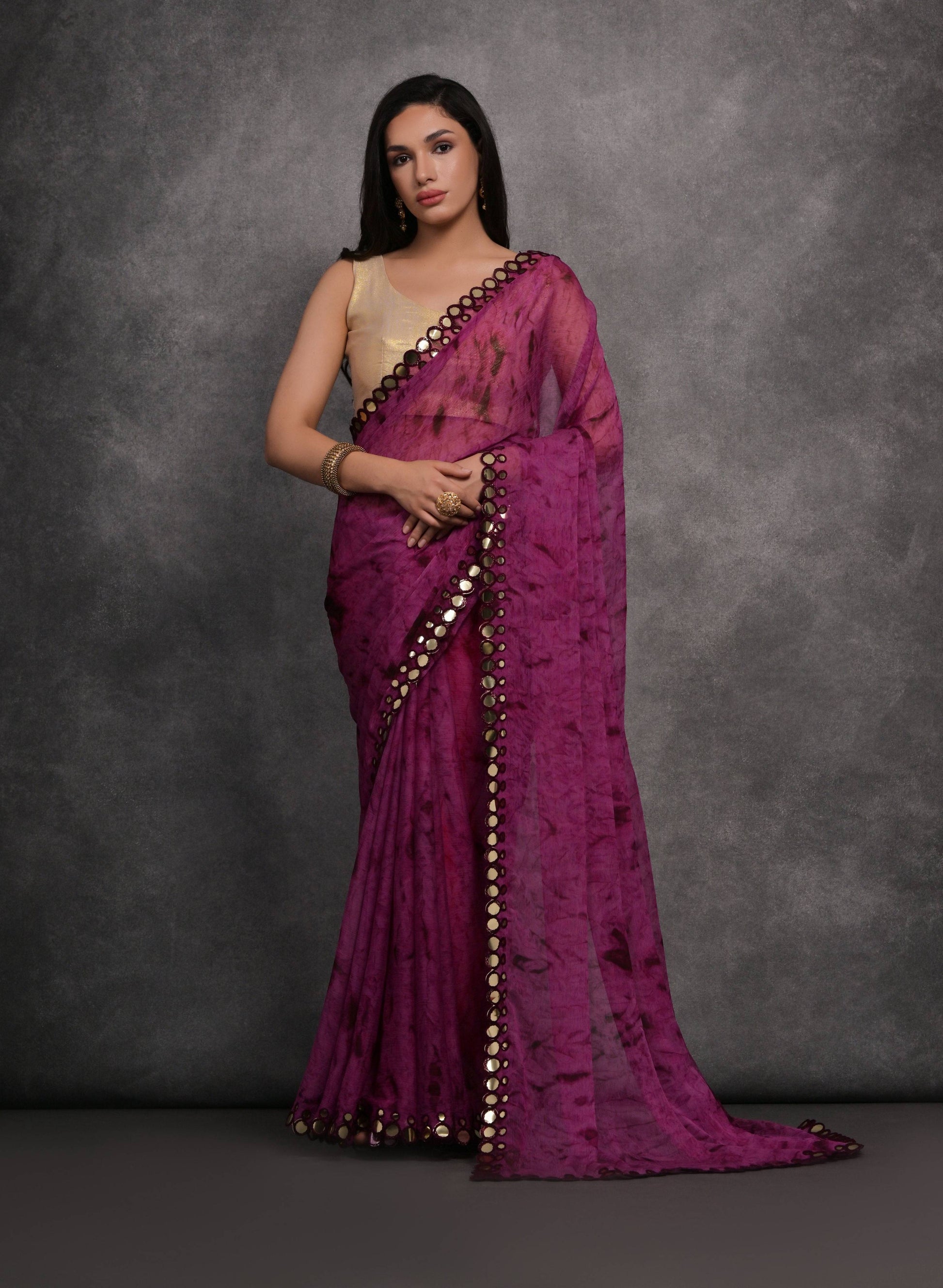 Jyoti Fashion Women's Wine Chiffon Print with Mirror Work Designer Saree with Blouse | Swadesiicart