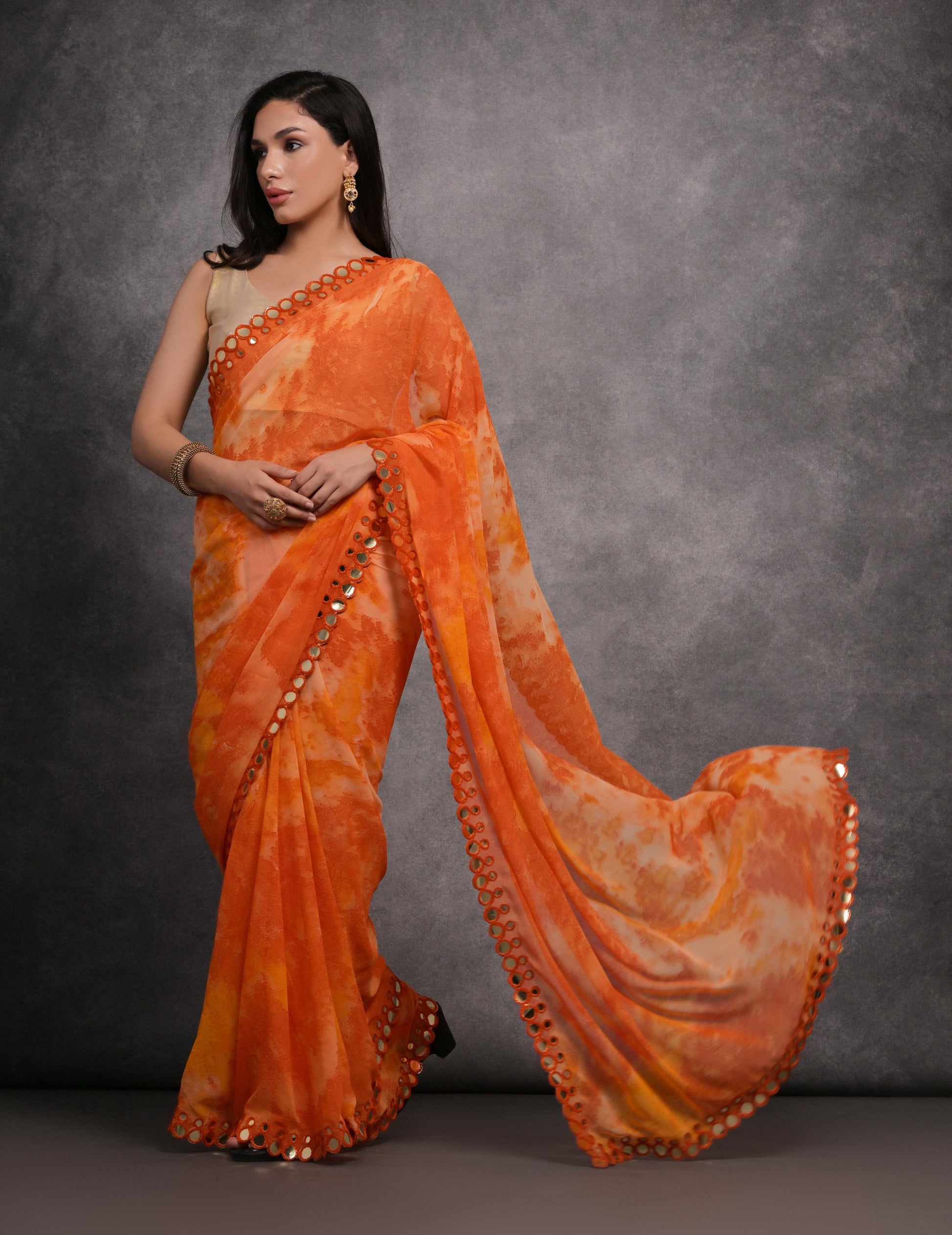 Jyoti Fashion Women's Orange Chiffon Print with Mirror Work Designer Saree with Blouse | Swadesiicart