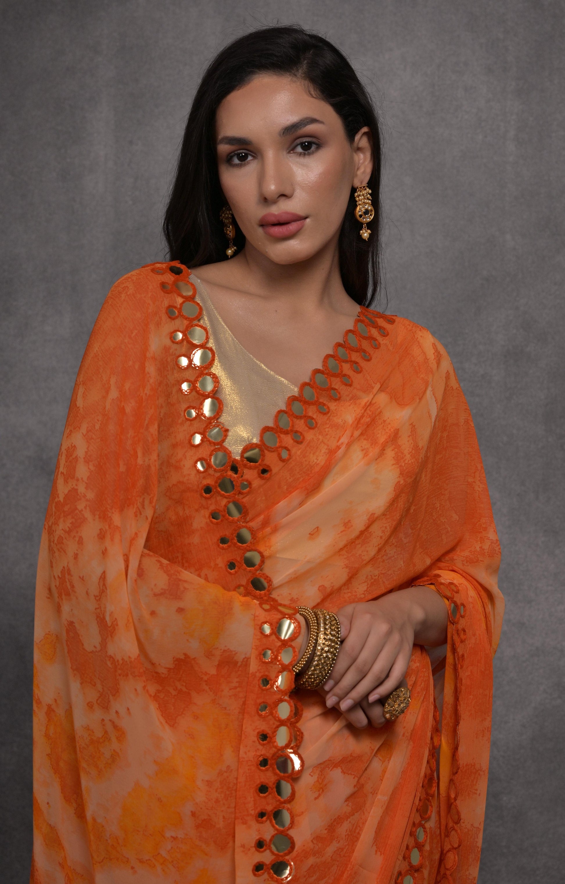 Jyoti Fashion Women's Orange Chiffon Print with Mirror Work Designer Saree with Blouse | Swadesiicart