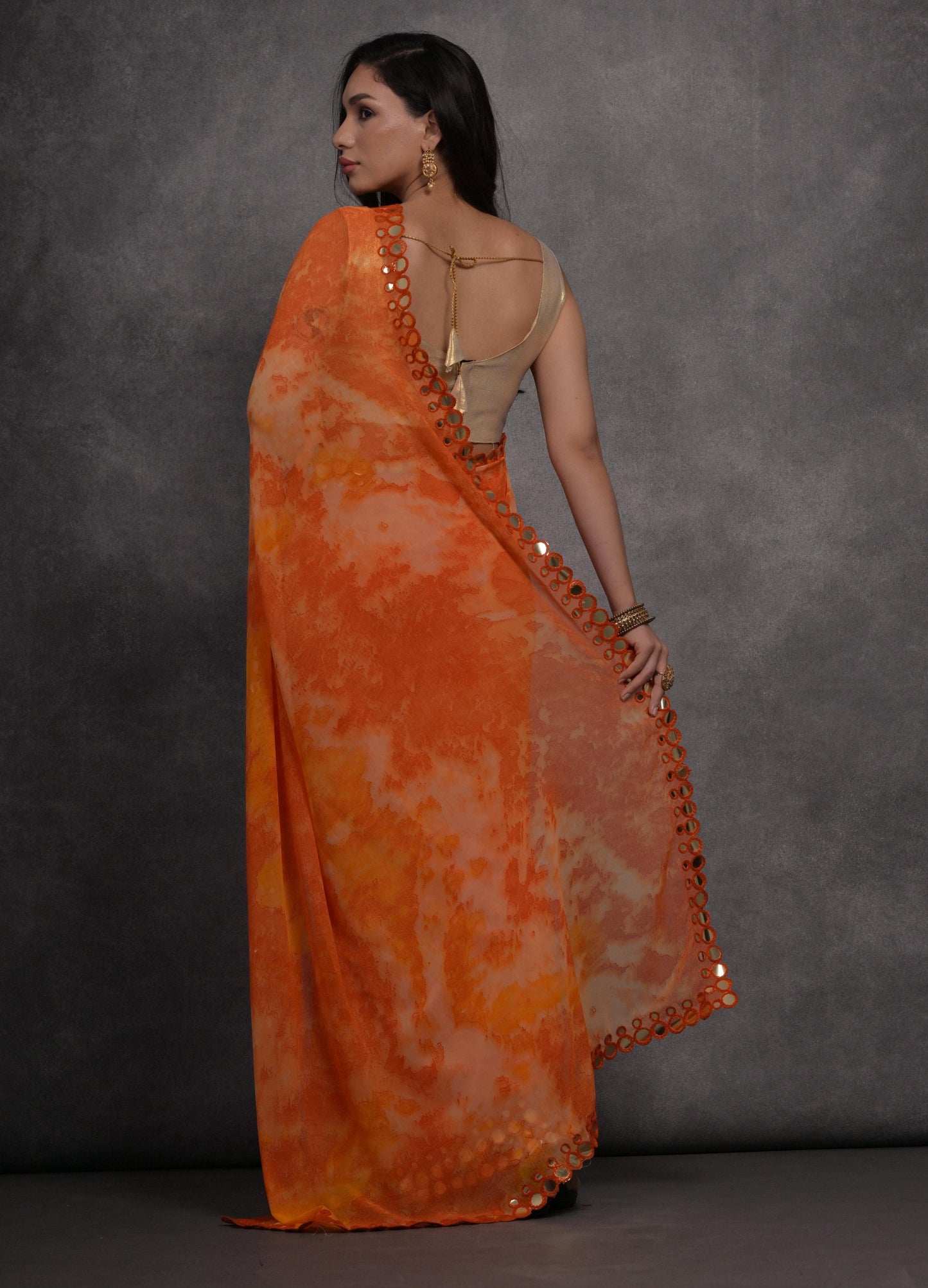Jyoti Fashion Women's Orange Chiffon Print with Mirror Work Designer Saree with Blouse | Swadesiicart