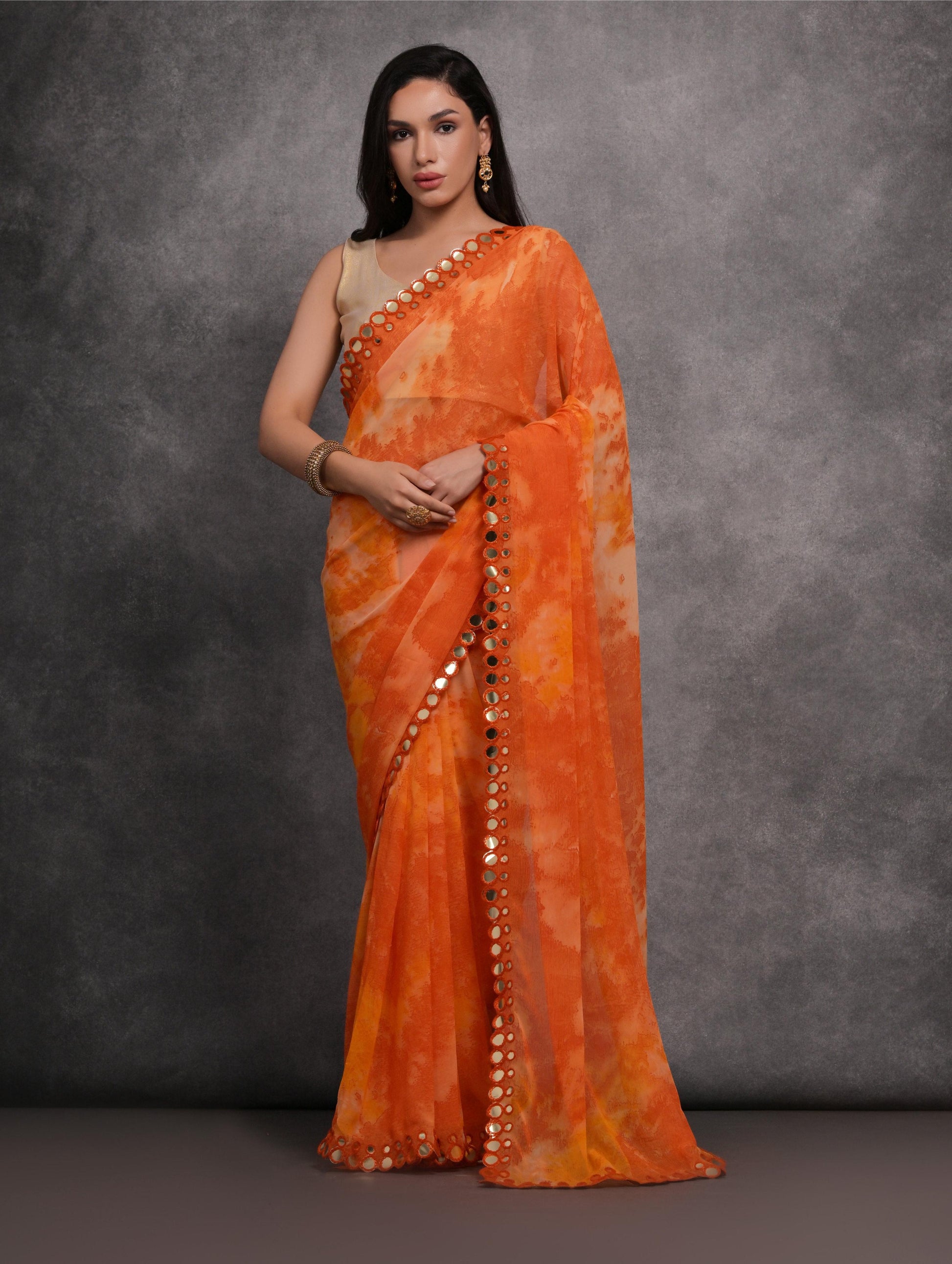 Jyoti Fashion Women's Orange Chiffon Print with Mirror Work Designer Saree with Blouse | Swadesiicart