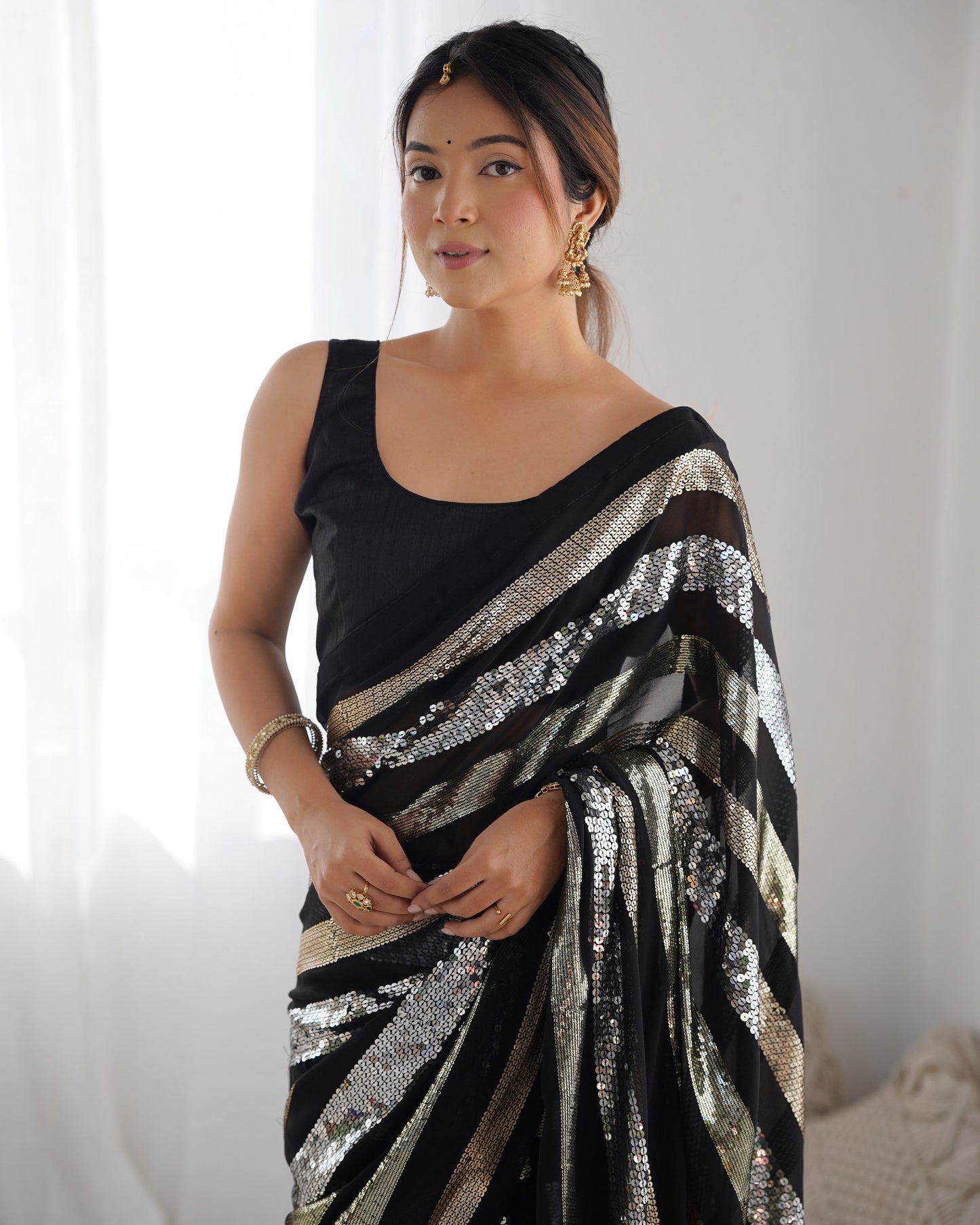 Jyoti Fashion Women's Black Georgette Sequins Designer Saree with Blouse | Swadesiicart