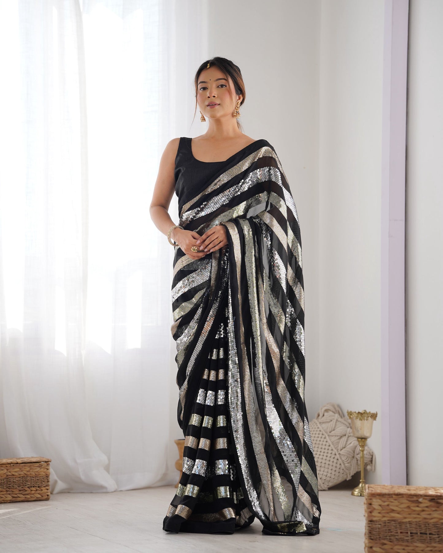 Jyoti Fashion Women's Black Georgette Sequins Designer Saree with Blouse | Swadesiicart