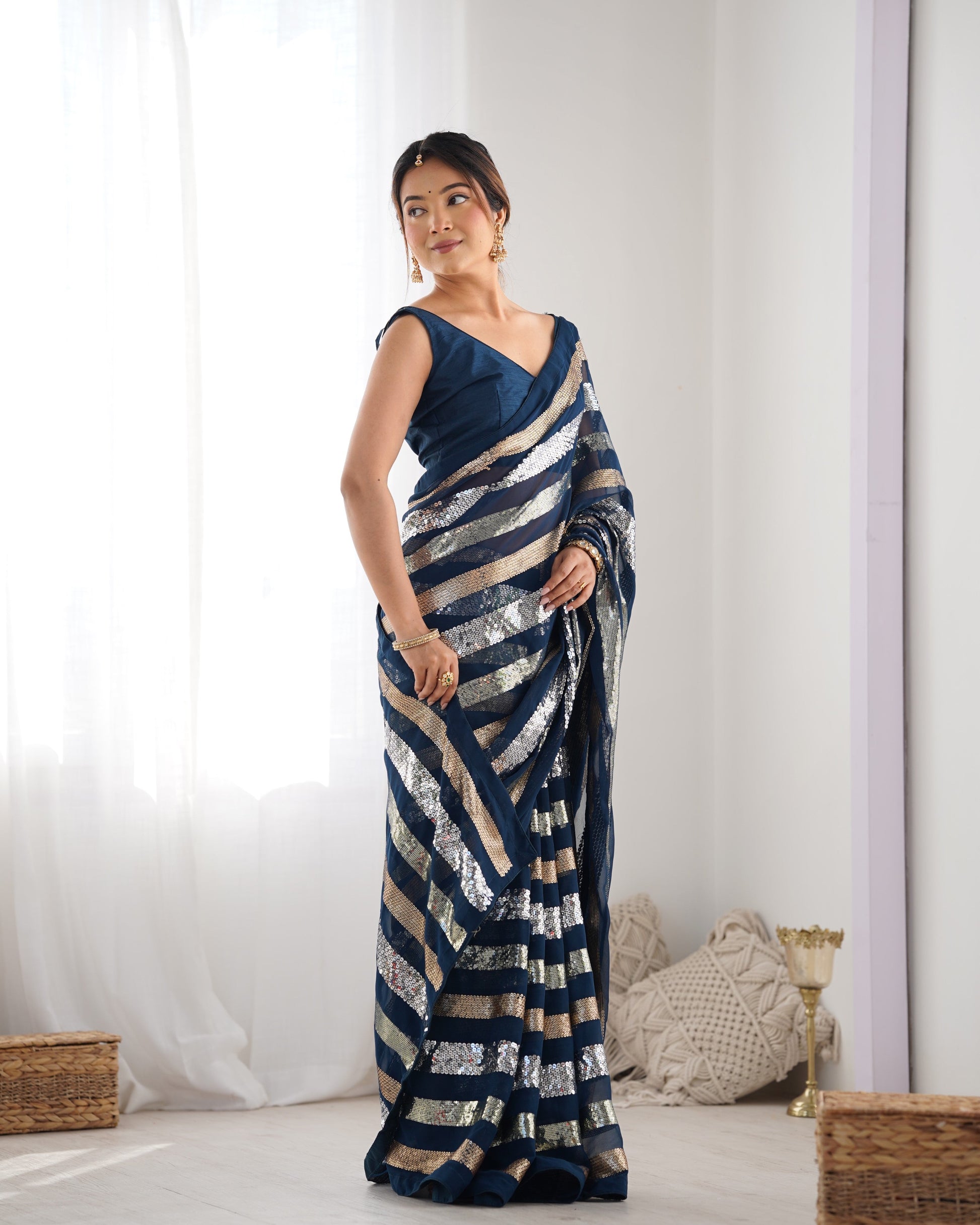 Jyoti Fashion Women's Teal Georgette Sequins Designer Saree with Blouse | Swadesiicart