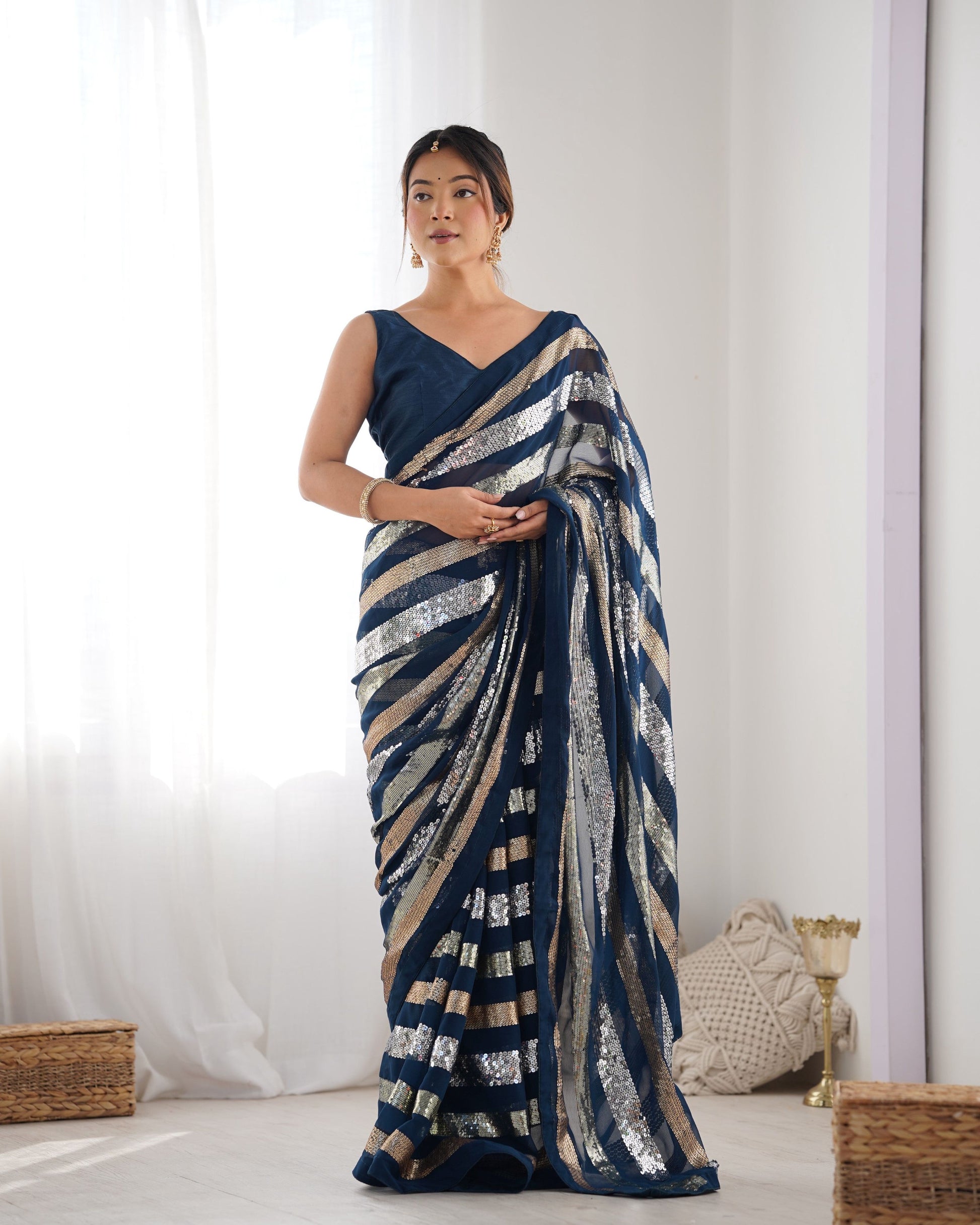 Jyoti Fashion Women's Teal Georgette Sequins Designer Saree with Blouse | Swadesiicart
