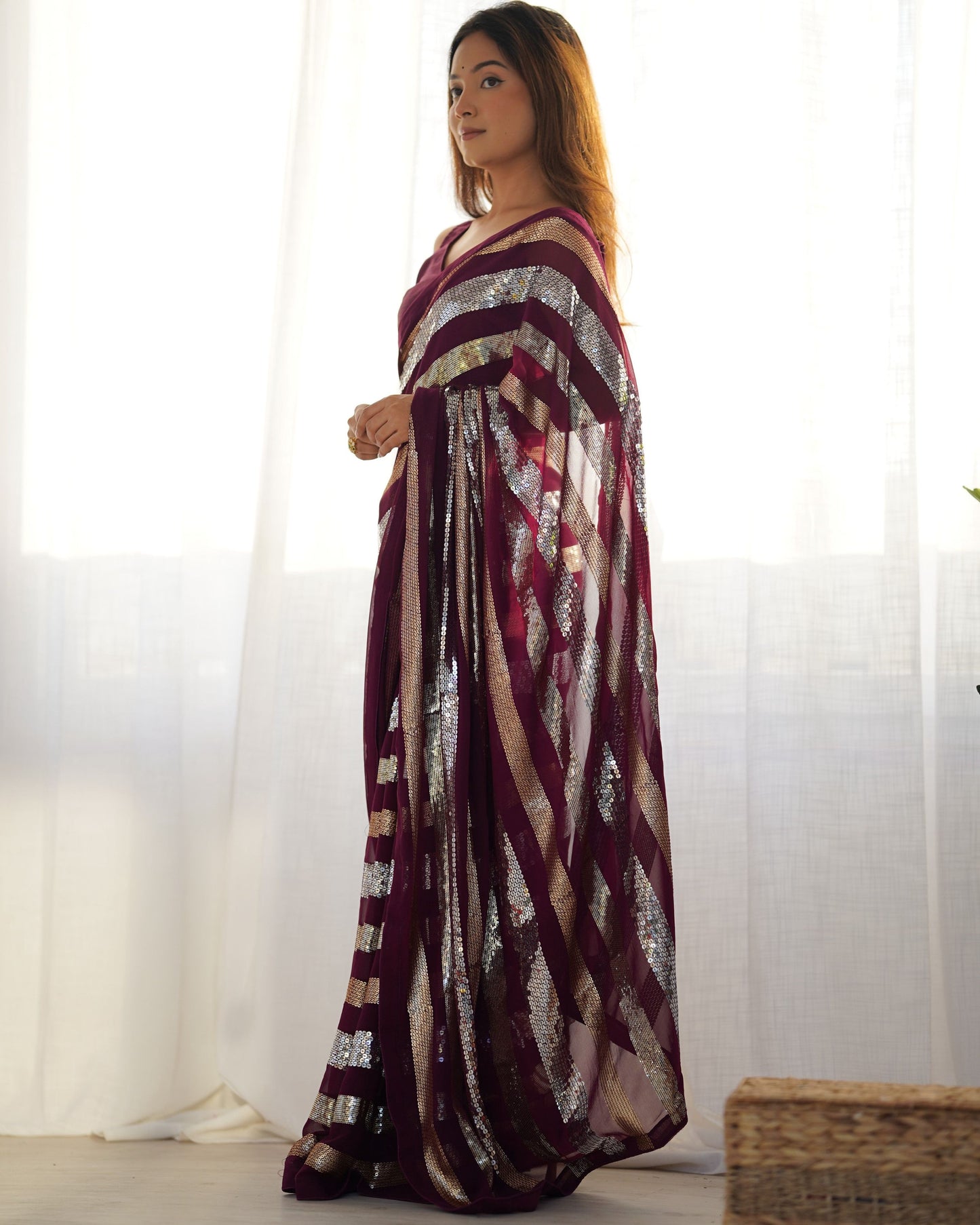 Jyoti Fashion Women's Wine Georgette Sequins Designer Saree with Blouse | Swadesiicart