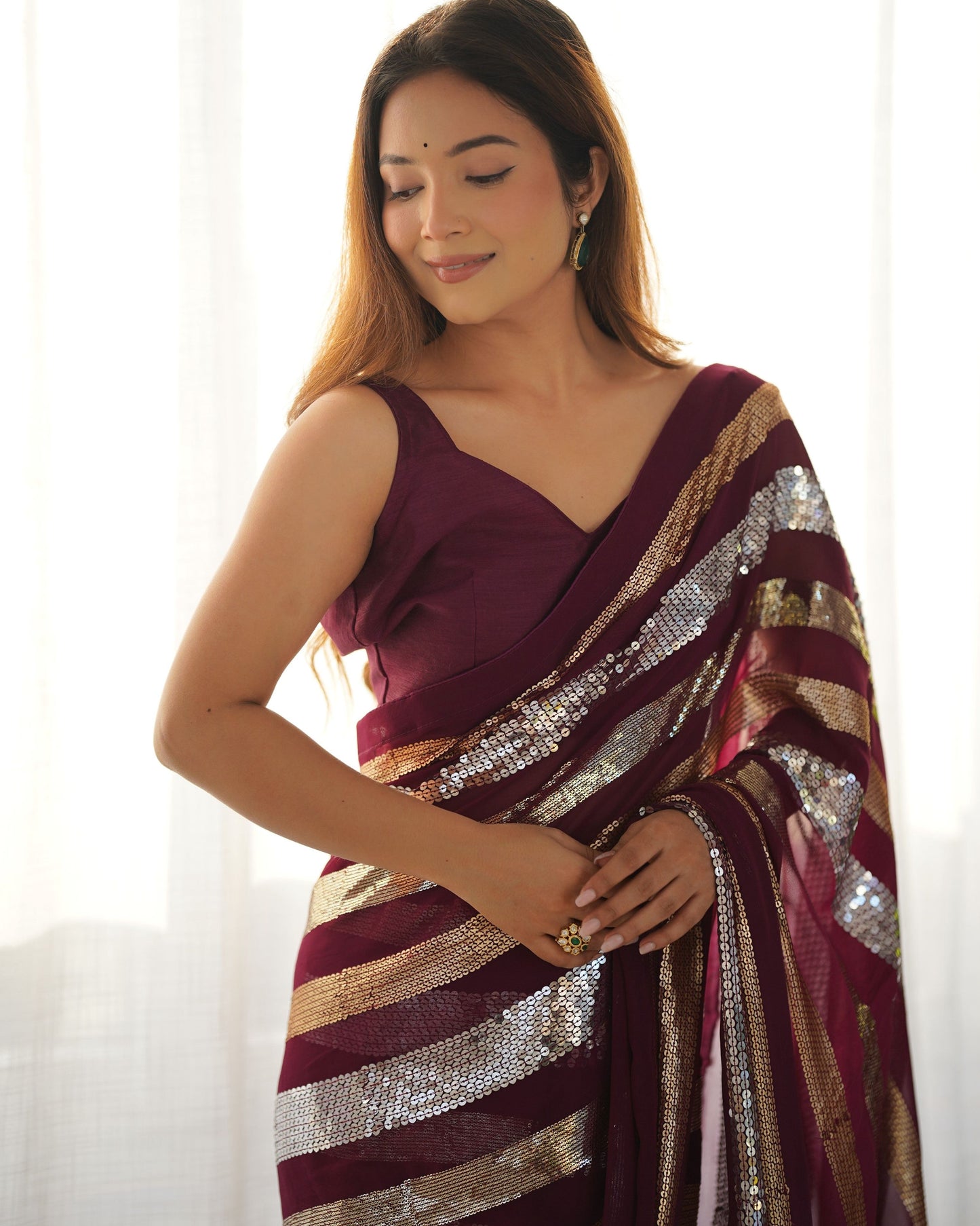 Jyoti Fashion Women's Wine Georgette Sequins Designer Saree with Blouse | Swadesiicart