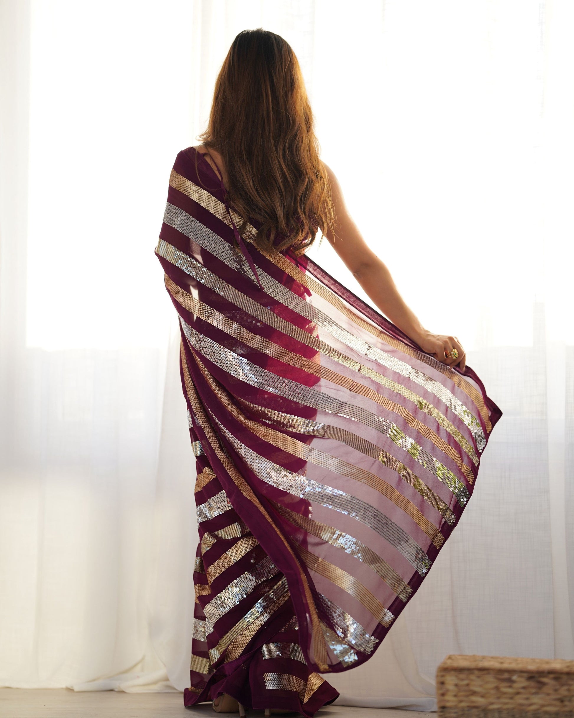 Jyoti Fashion Women's Wine Georgette Sequins Designer Saree with Blouse | Swadesiicart