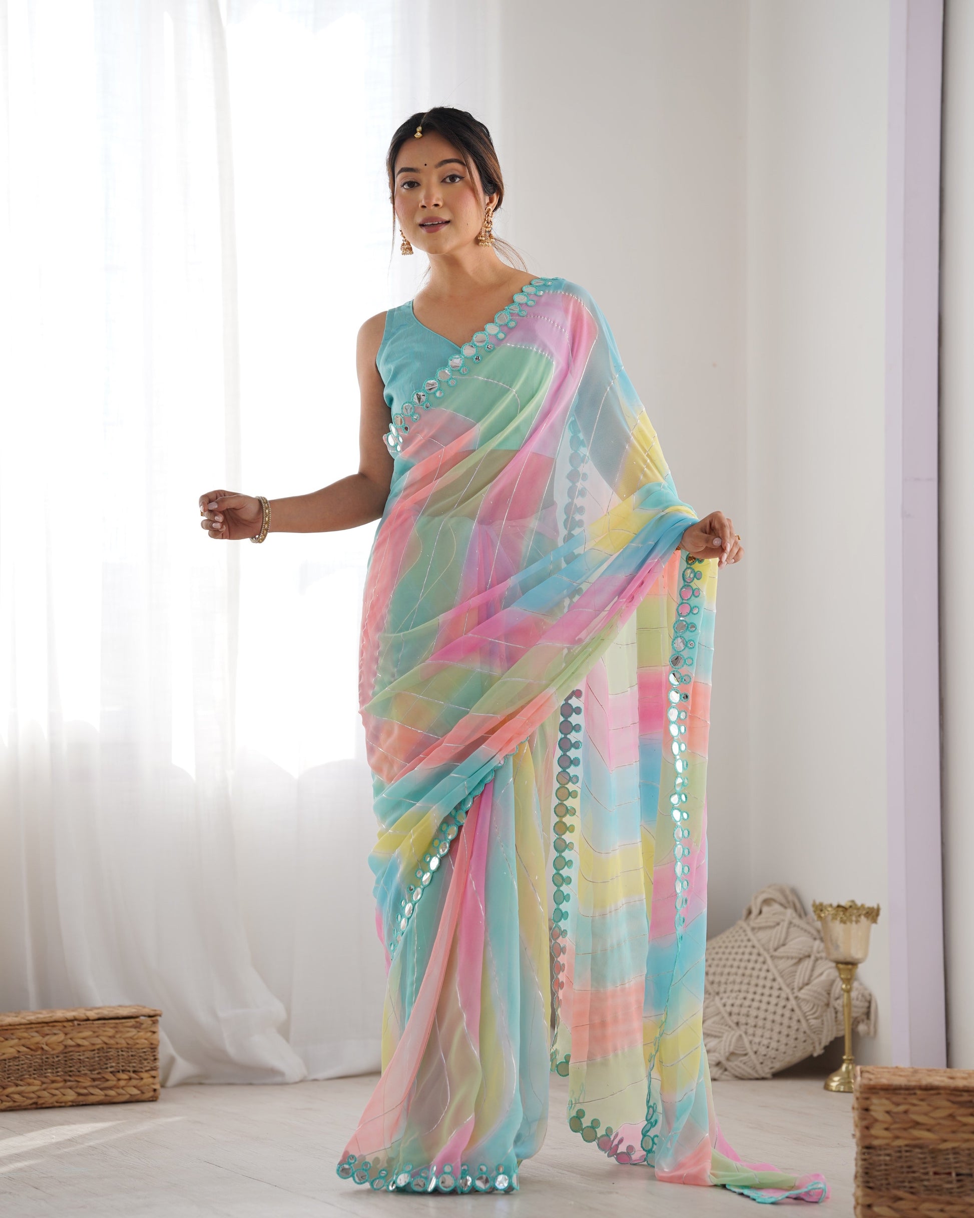 Jyoti Fashion Women's Multicolor Georgette Print with Mirror Work Designer Saree with Blouse | Swadesiicart
