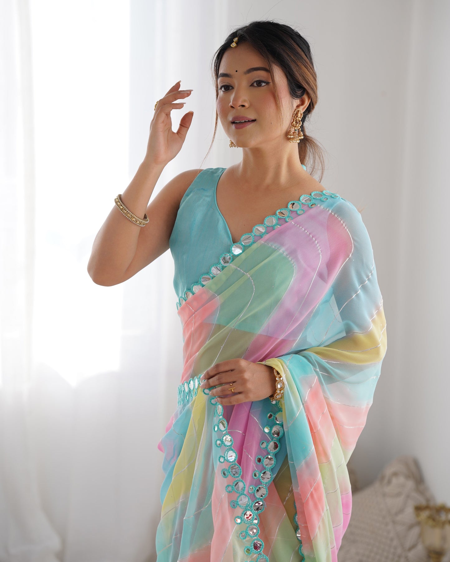 Jyoti Fashion Women's Multicolor Georgette Print with Mirror Work Designer Saree with Blouse | Swadesiicart