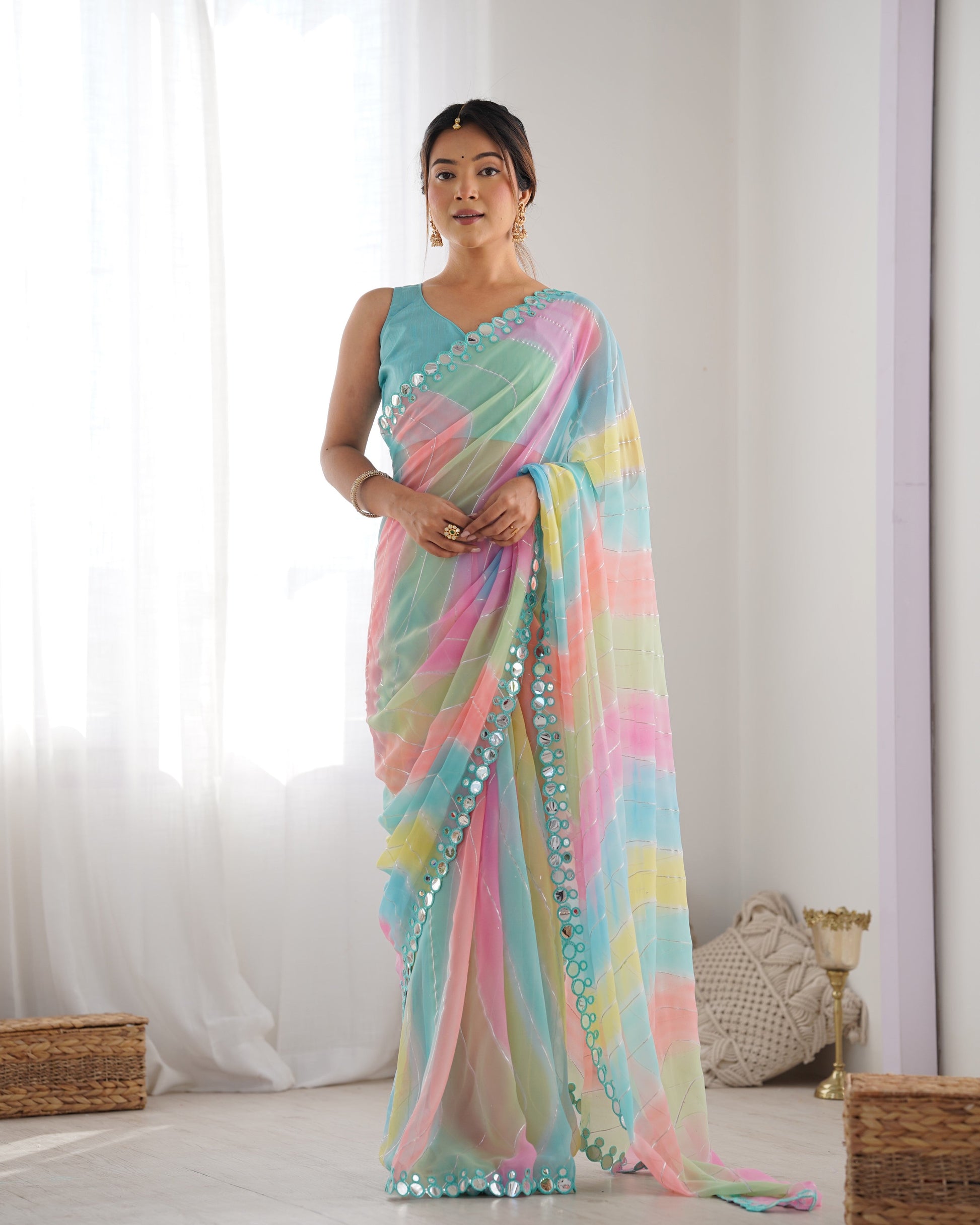 Jyoti Fashion Women's Multicolor Georgette Print with Mirror Work Designer Saree with Blouse | Swadesiicart
