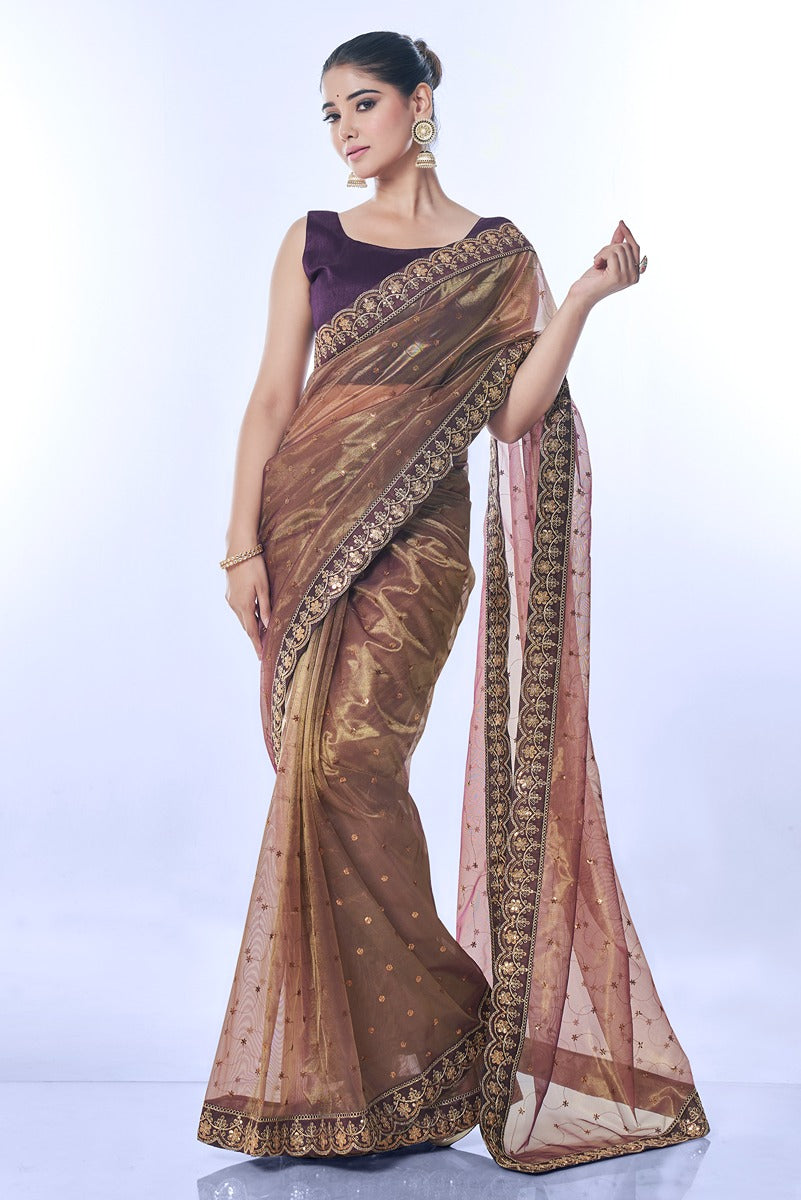 Jyoti Fashion Women's Brown Net Sequins Embroidered Designer Saree with Blouse | Swadesiicart