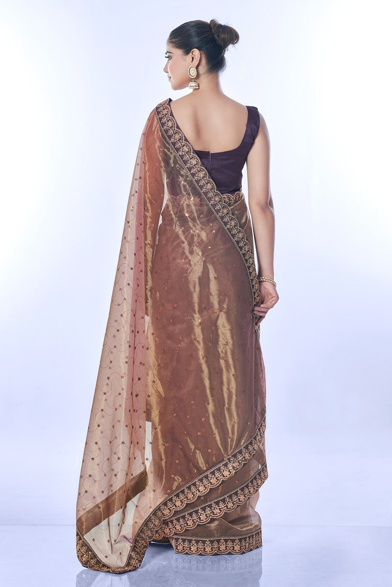 Jyoti Fashion Women's Brown Net Sequins Embroidered Designer Saree with Blouse | Swadesiicart