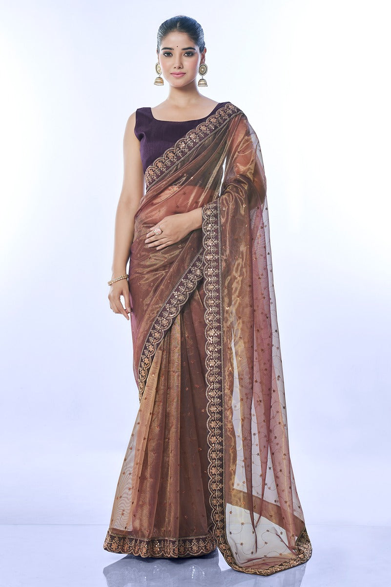 Jyoti Fashion Women's Brown Net Sequins Embroidered Designer Saree with Blouse | Swadesiicart