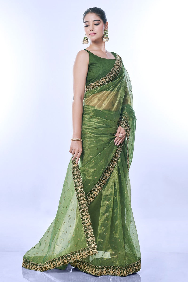 Jyoti Fashion Women's Green Net Sequins Embroidered Designer Saree with Blouse | Swadesiicart