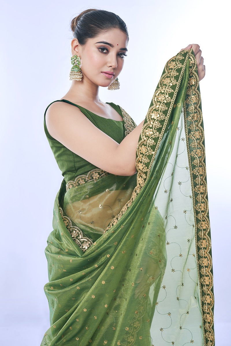 Jyoti Fashion Women's Green Net Sequins Embroidered Designer Saree with Blouse | Swadesiicart