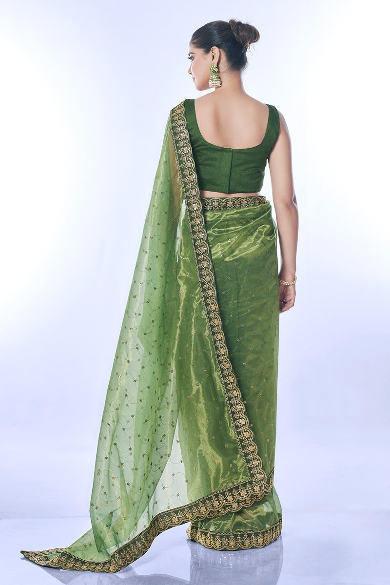 Jyoti Fashion Women's Green Net Sequins Embroidered Designer Saree with Blouse | Swadesiicart
