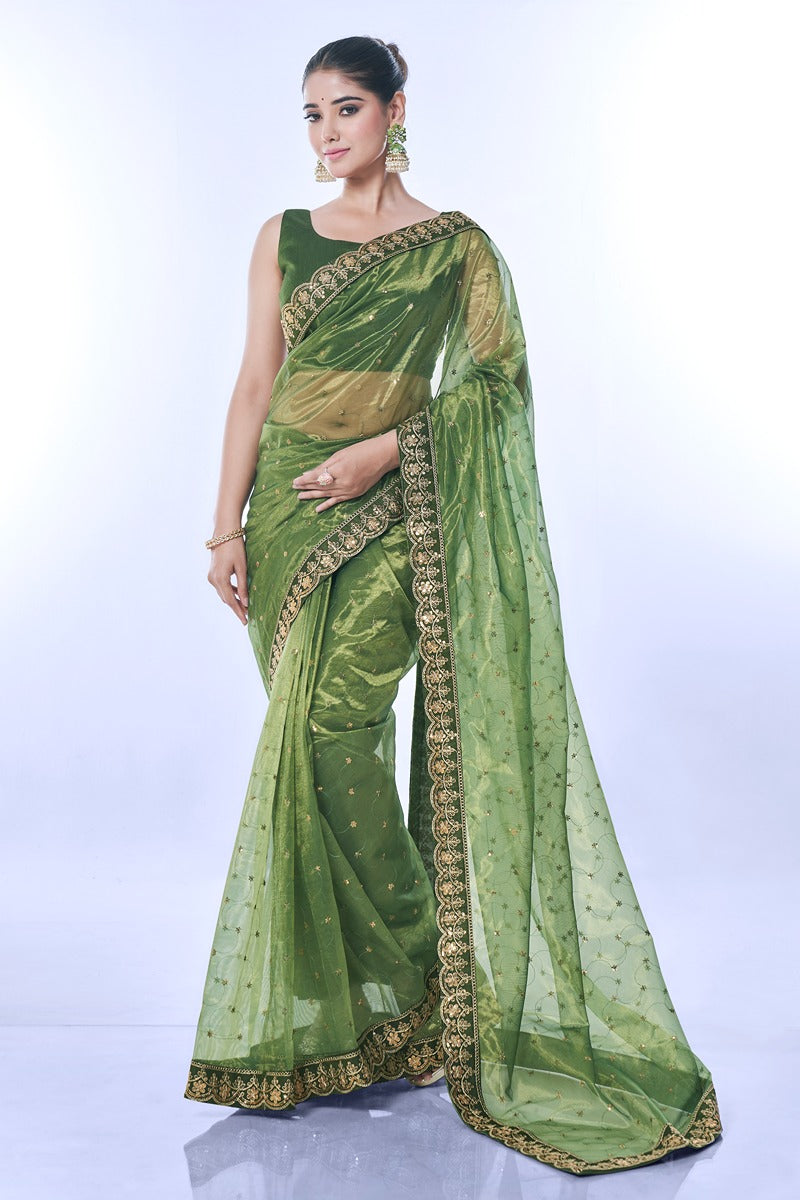 Jyoti Fashion Women's Green Net Sequins Embroidered Designer Saree with Blouse | Swadesiicart