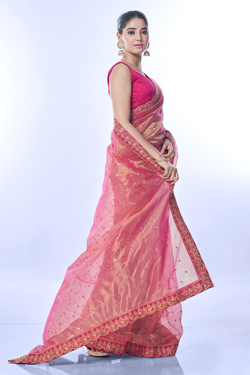 Jyoti Fashion Women's Pink Net Sequins Embroidered Designer Saree with Blouse | Swadesiicart