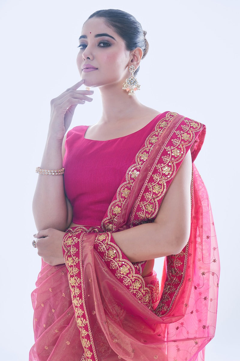 Jyoti Fashion Women's Pink Net Sequins Embroidered Designer Saree with Blouse | Swadesiicart