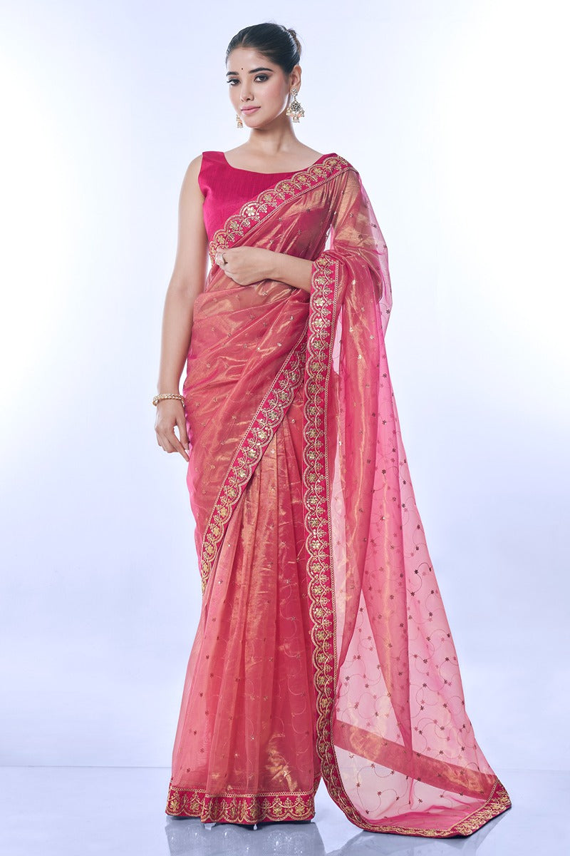 Jyoti Fashion Women's Pink Net Sequins Embroidered Designer Saree with Blouse | Swadesiicart