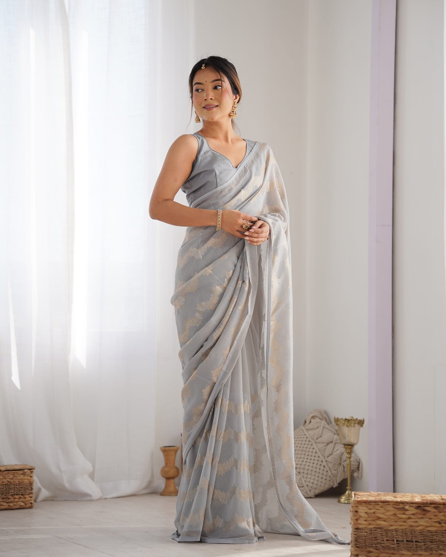 Jyoti Fashion Women's Grey Georgette Sequin Swarovski Designer Saree with Blouse | Swadesiicart