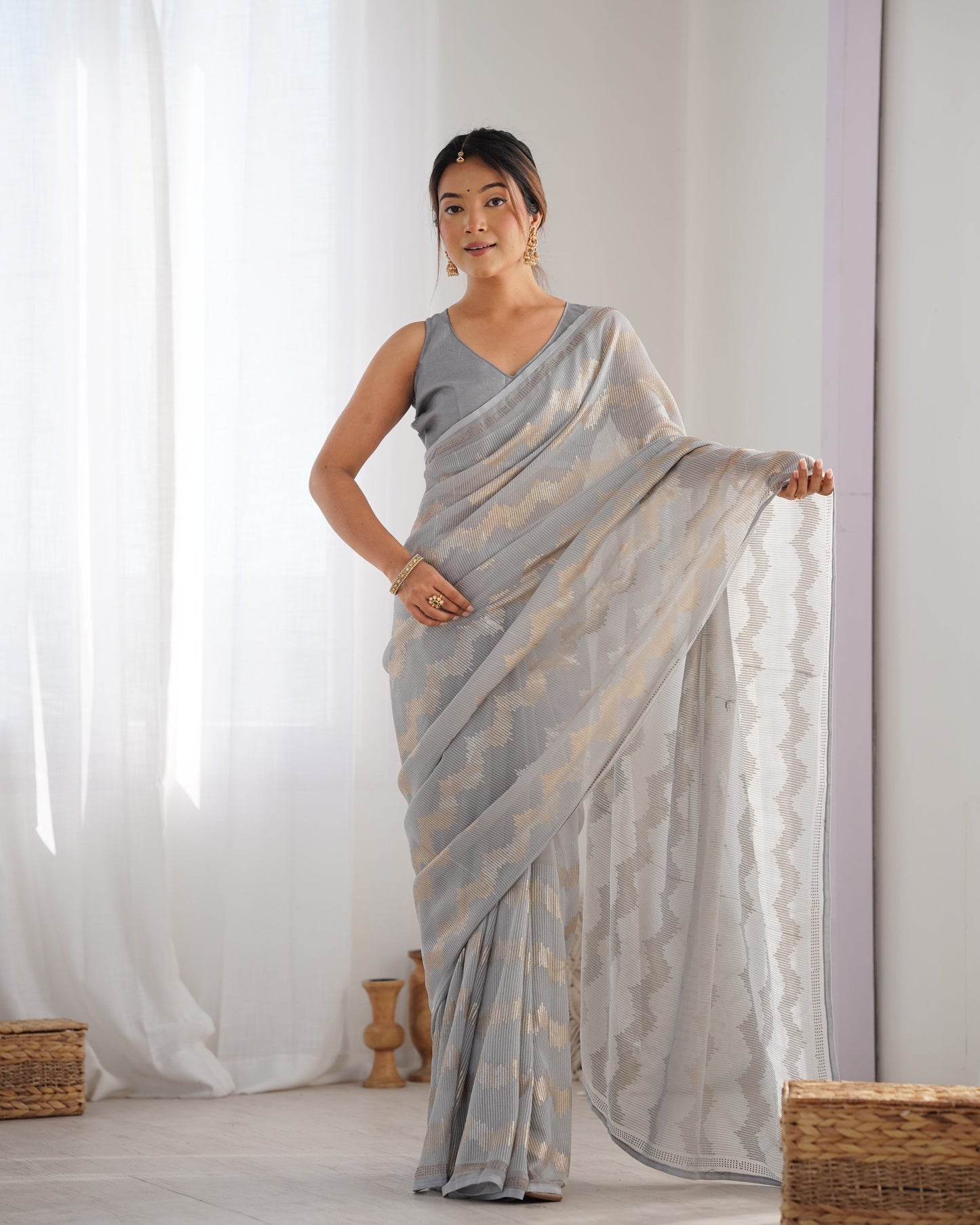 Jyoti Fashion Women's Grey Georgette Sequin Swarovski Designer Saree with Blouse | Swadesiicart