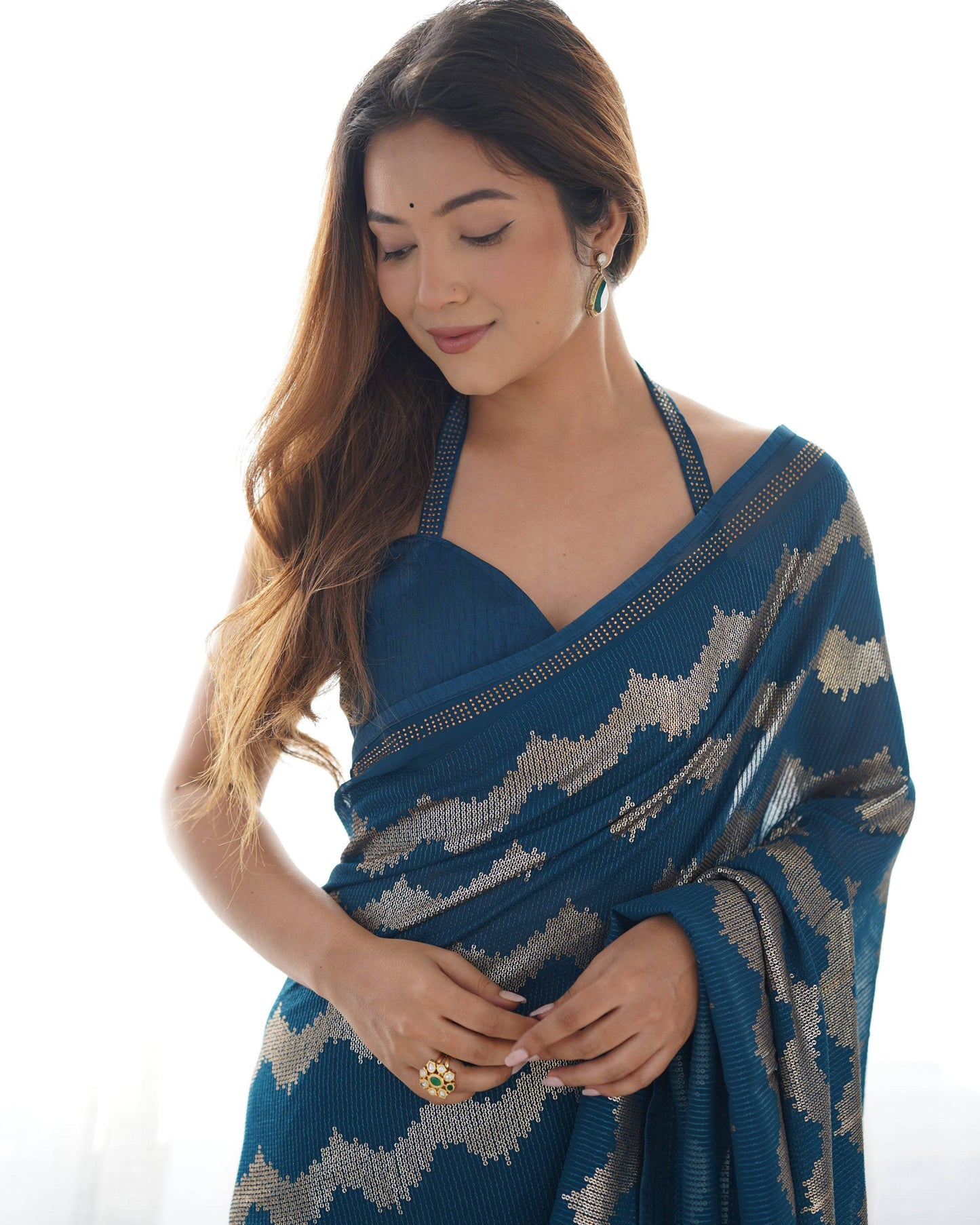 Jyoti Fashion Women's Teal Georgette Sequin Swarovski Designer Saree with Blouse | Swadesiicart