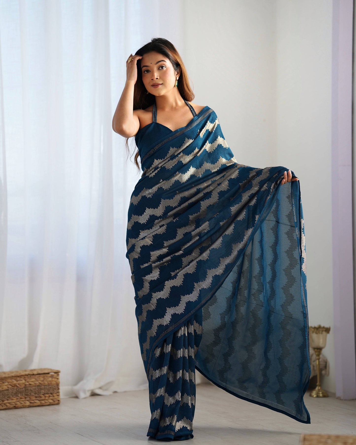 Jyoti Fashion Women's Teal Georgette Sequin Swarovski Designer Saree with Blouse | Swadesiicart