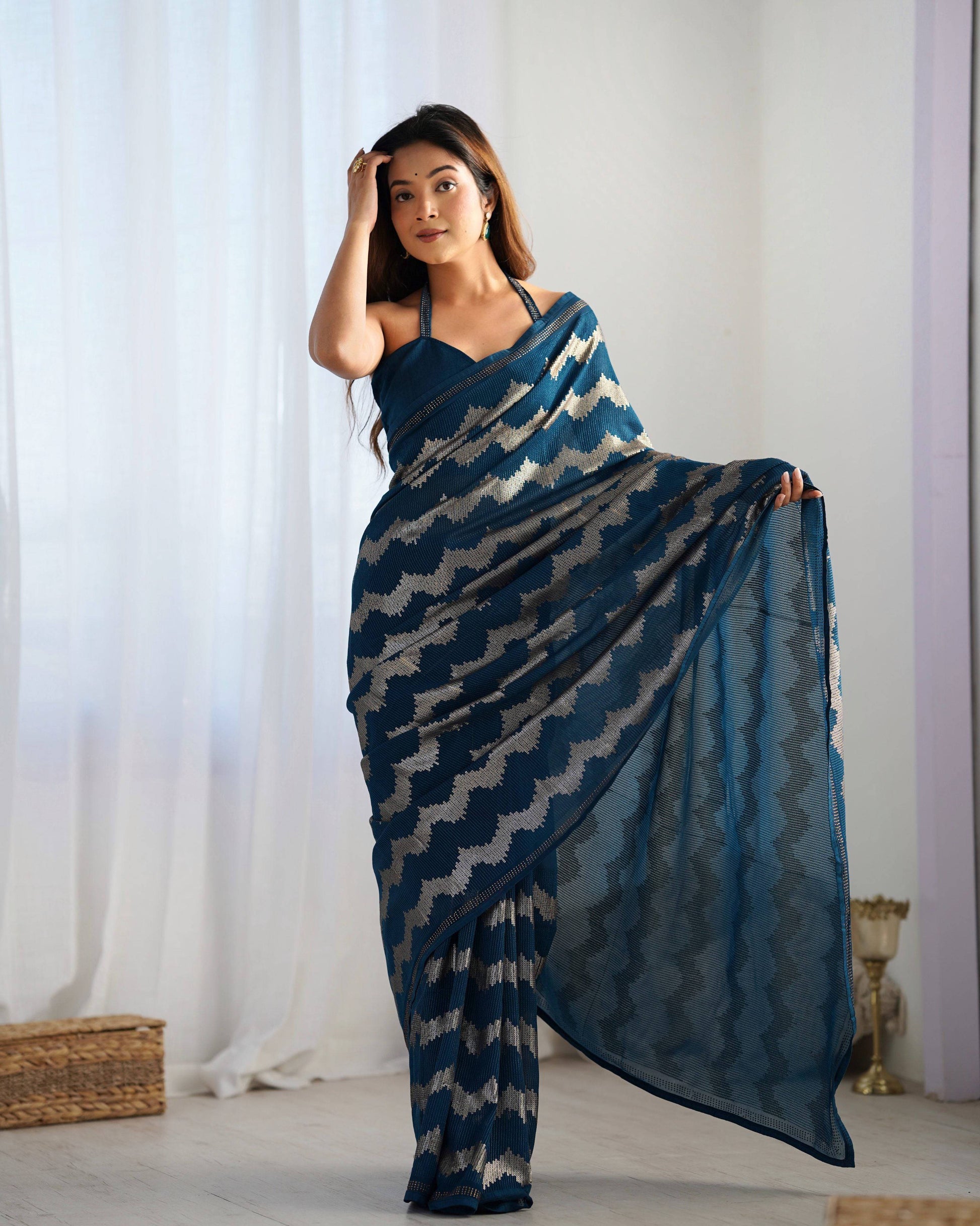 Jyoti Fashion Women's Teal Georgette Sequin Swarovski Designer Saree with Blouse | Swadesiicart