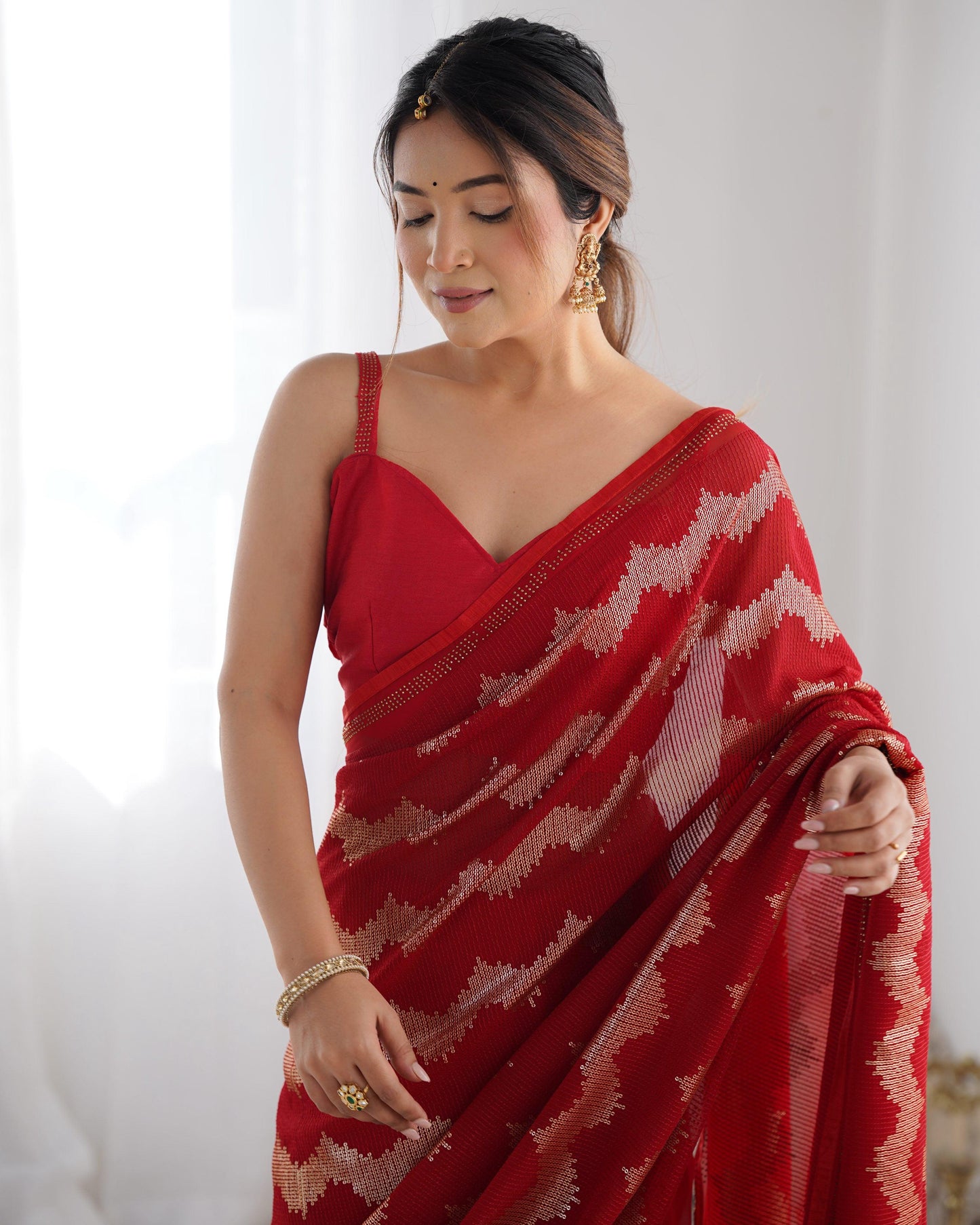 Jyoti Fashion Women's Red Georgette Sequin Swarovski Designer Saree with Blouse | Swadesiicart
