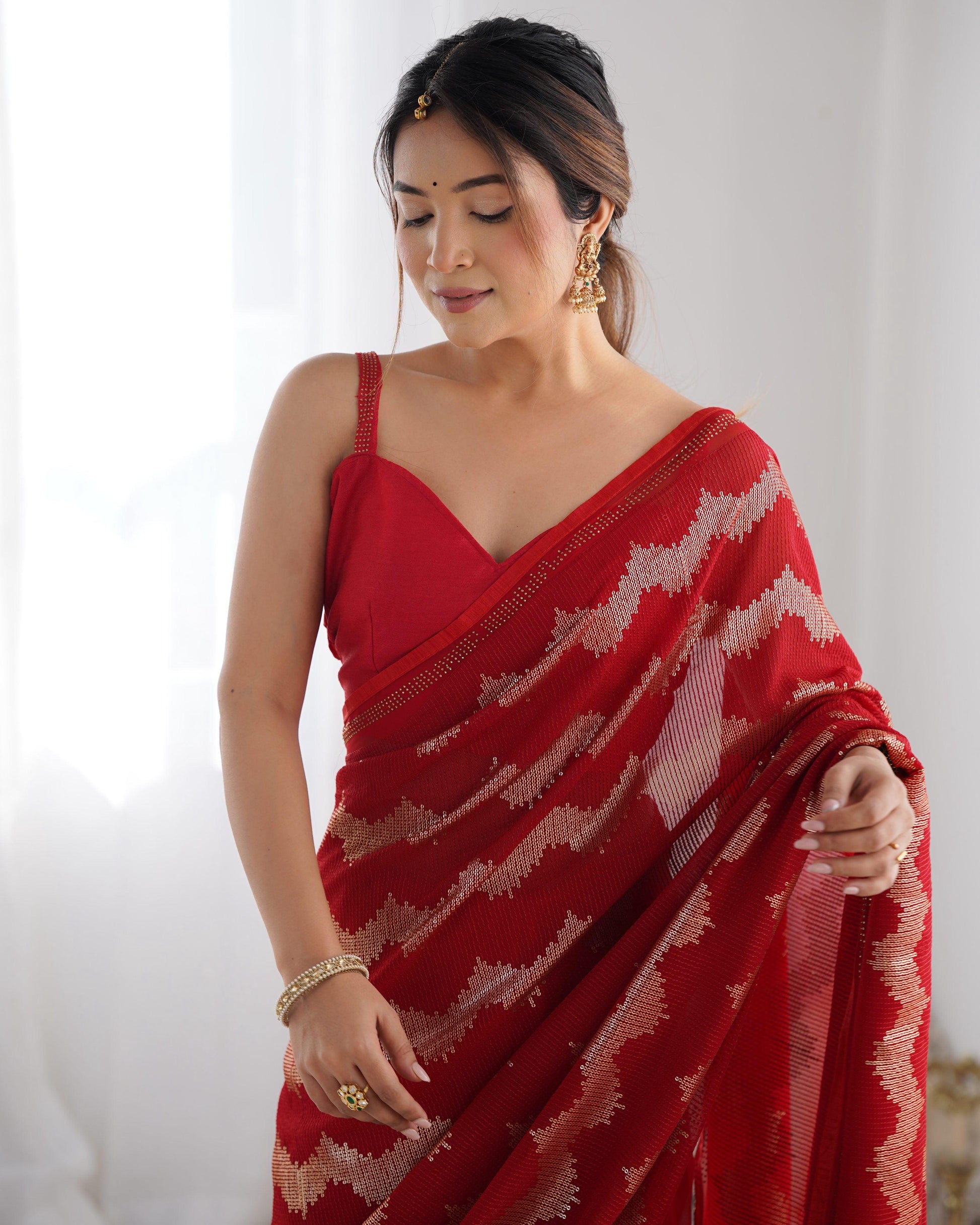 Jyoti Fashion Women's Red Georgette Sequin Swarovski Designer Saree with Blouse | Swadesiicart