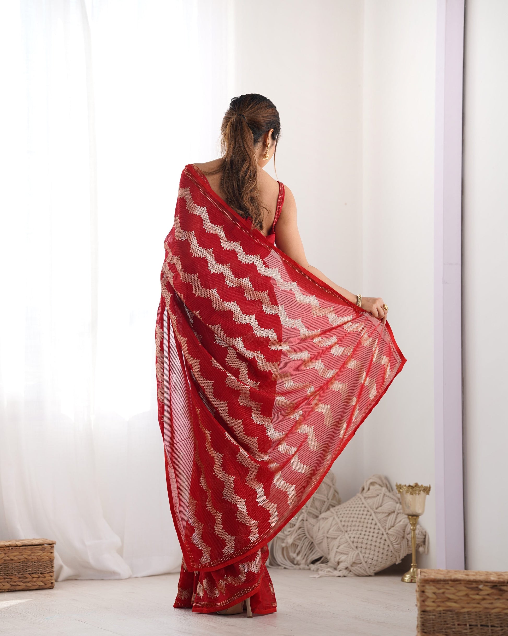 Jyoti Fashion Women's Red Georgette Sequin Swarovski Designer Saree with Blouse | Swadesiicart