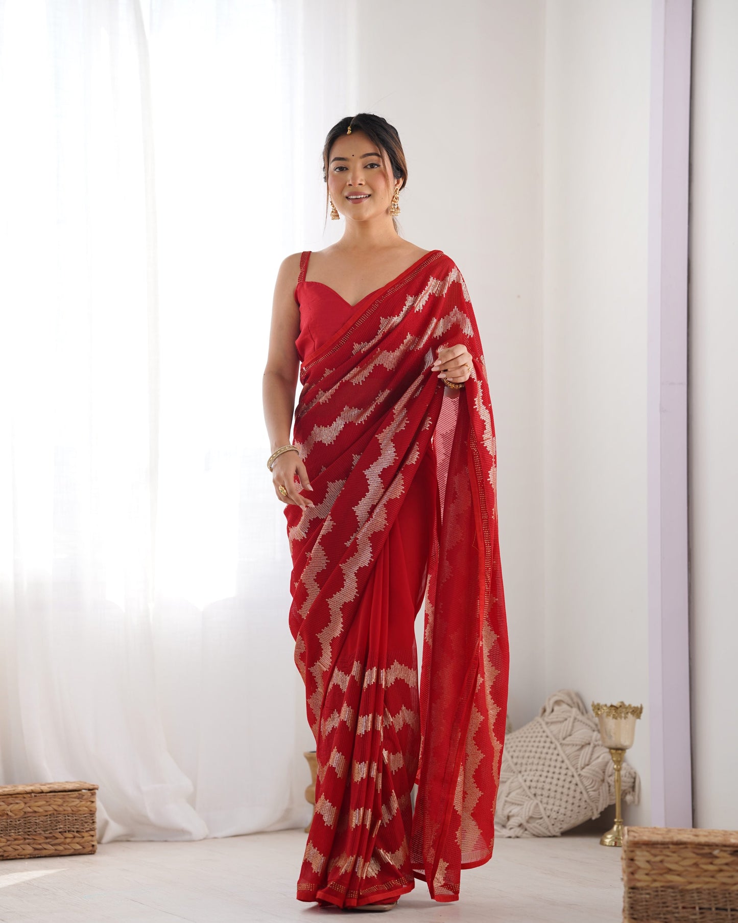 Jyoti Fashion Women's Red Georgette Sequin Swarovski Designer Saree with Blouse | Swadesiicart