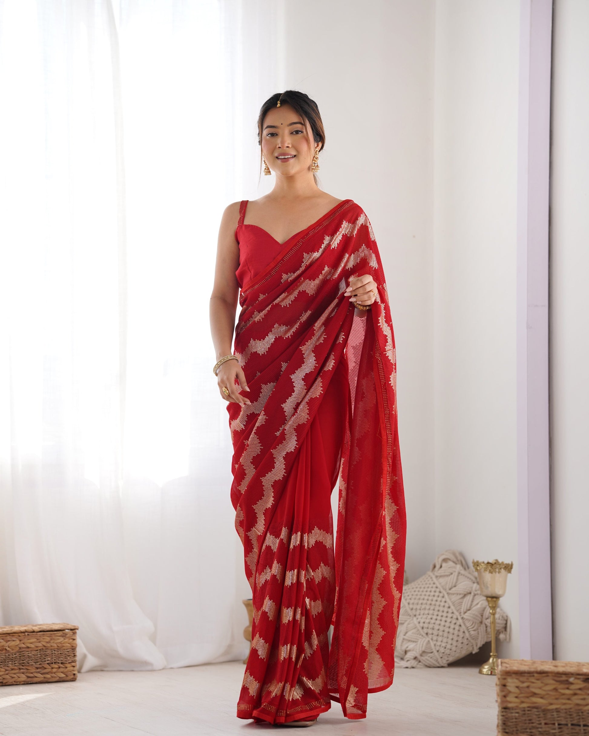 Jyoti Fashion Women's Red Georgette Sequin Swarovski Designer Saree with Blouse | Swadesiicart