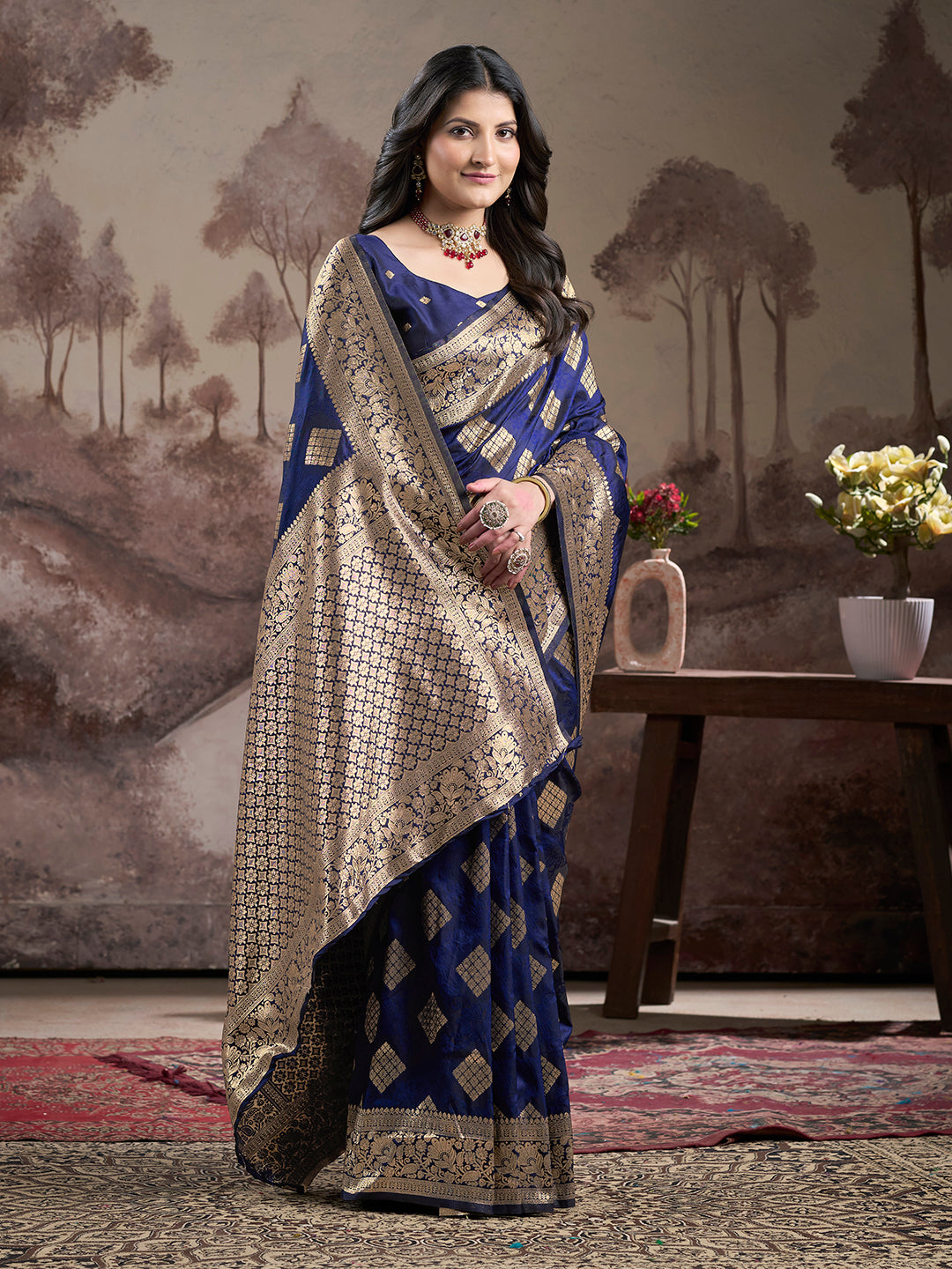 Jyoti Fashion Women's Navy Blue Soft Lichi Silk Jacquard Traditional Saree with Blouse | Swadesiicart