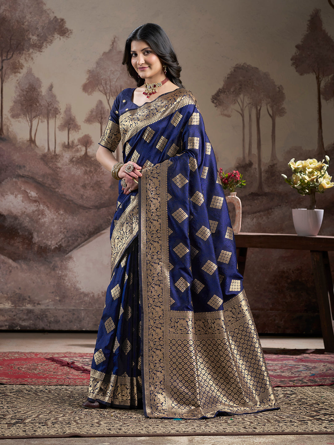 Jyoti Fashion Women's Navy Blue Soft Lichi Silk Jacquard Traditional Saree with Blouse | Swadesiicart
