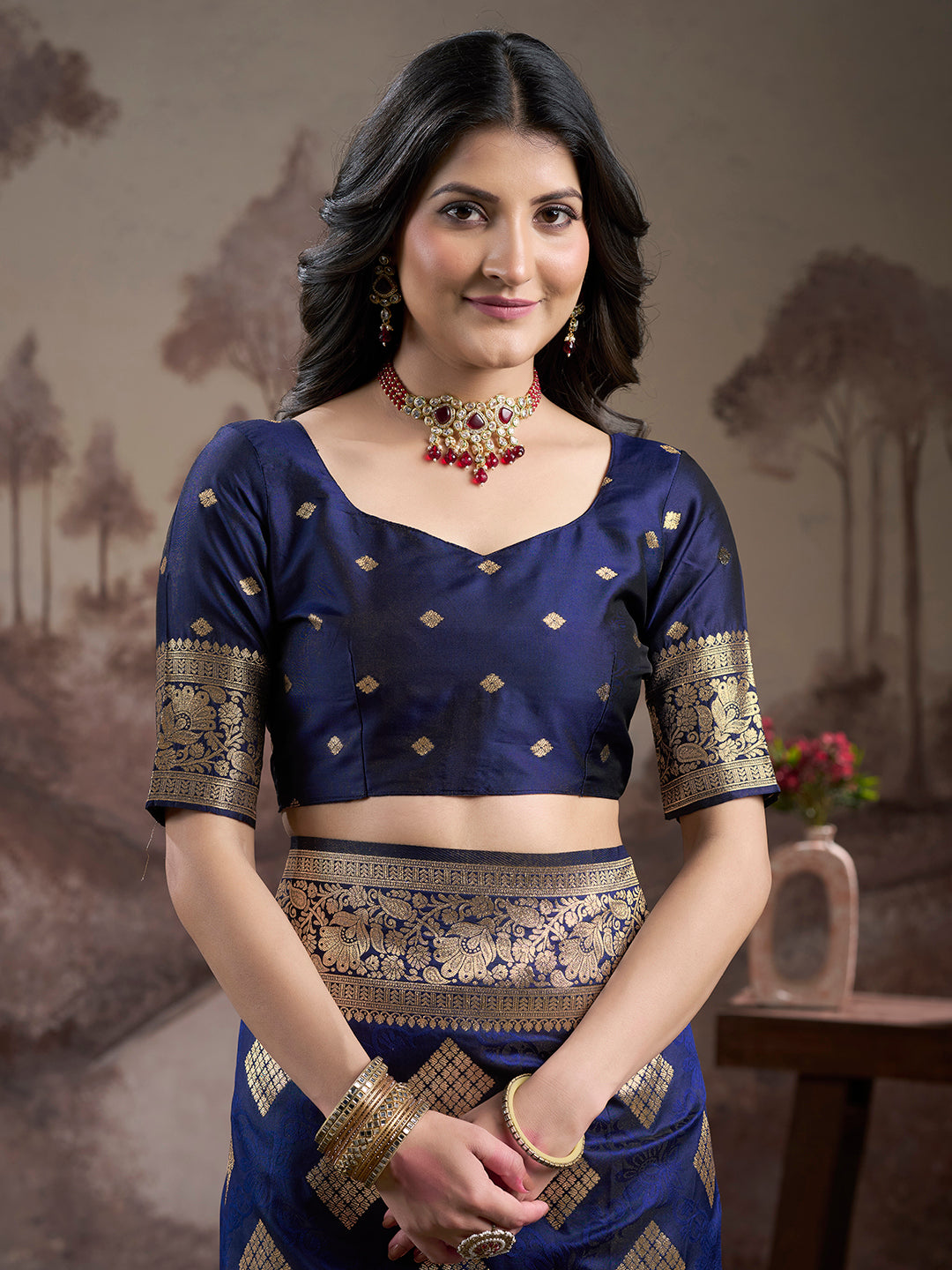 Jyoti Fashion Women's Navy Blue Soft Lichi Silk Jacquard Traditional Saree with Blouse | Swadesiicart