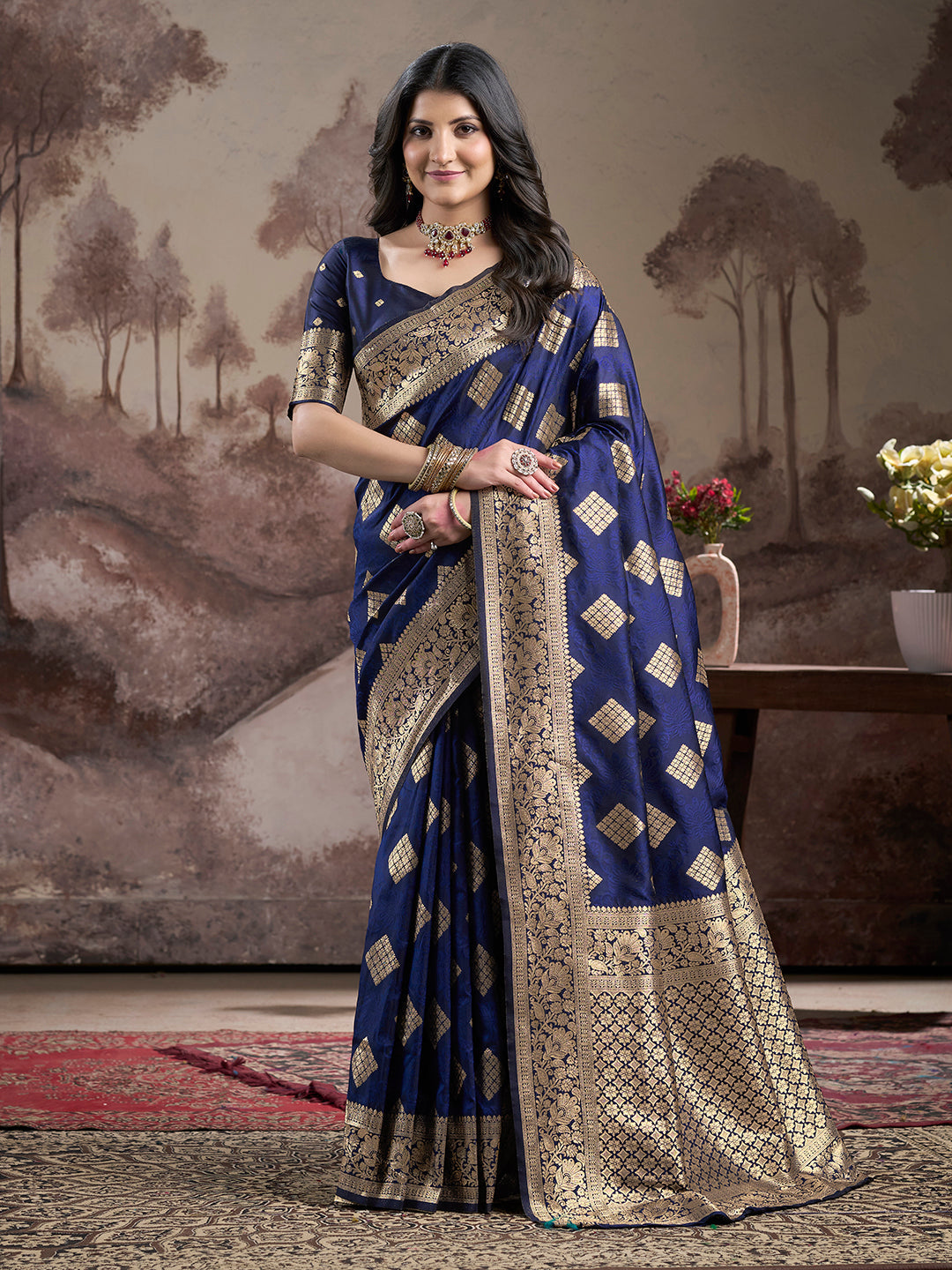 Jyoti Fashion Women's Navy Blue Soft Lichi Silk Jacquard Traditional Saree with Blouse | Swadesiicart